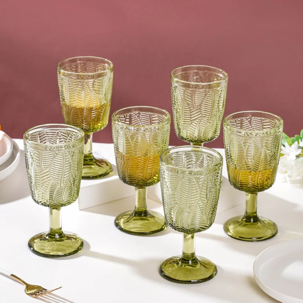 Vintage Engraved Wine Glass Green Set of 6 300 ml - Image 6