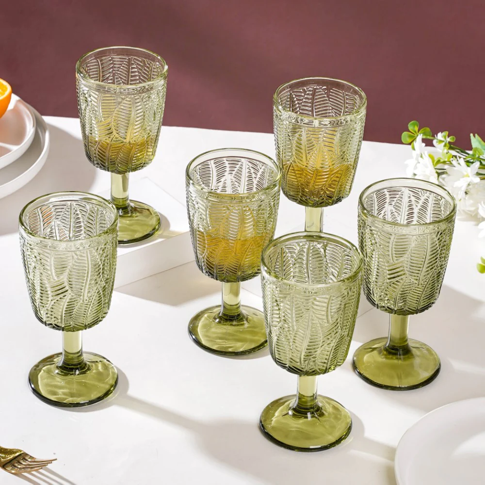 Vintage Engraved Wine Glass Green Set of 6 300 ml - Image 8