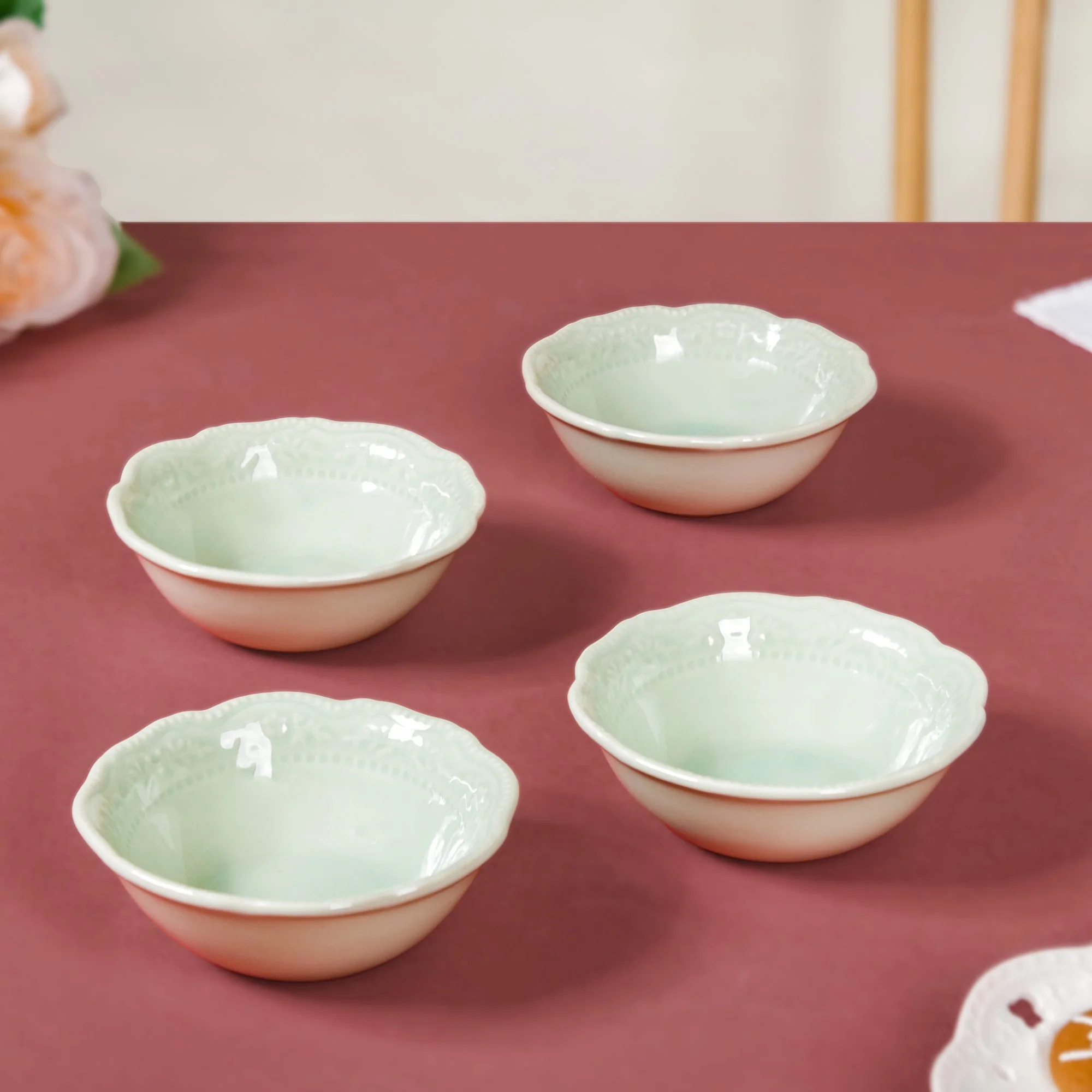 Vintage Floral Round Ceramic Bowl Set Of 4 Light Green 150ml - Image 3