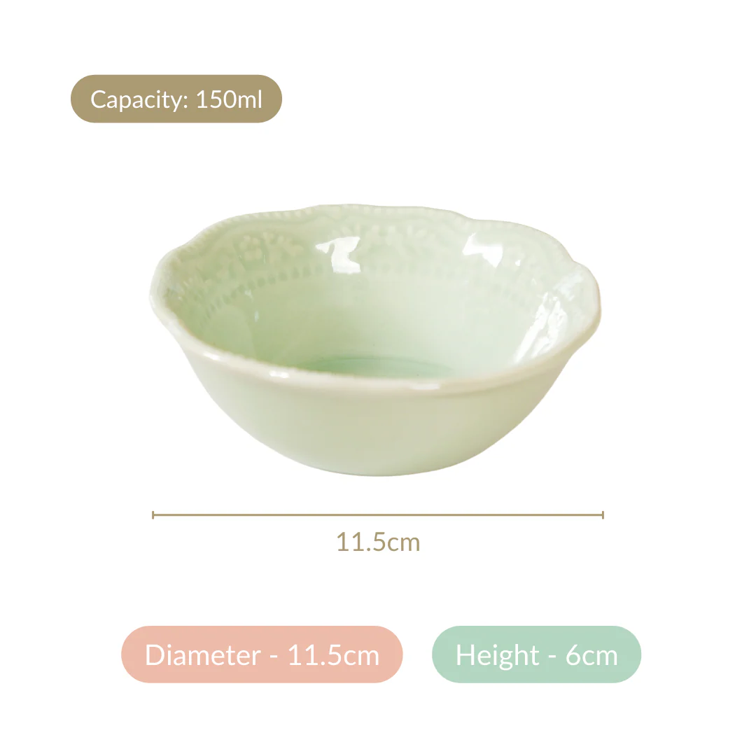 Vintage Floral Round Ceramic Bowl Set Of 4 Light Green 150ml - Image 6