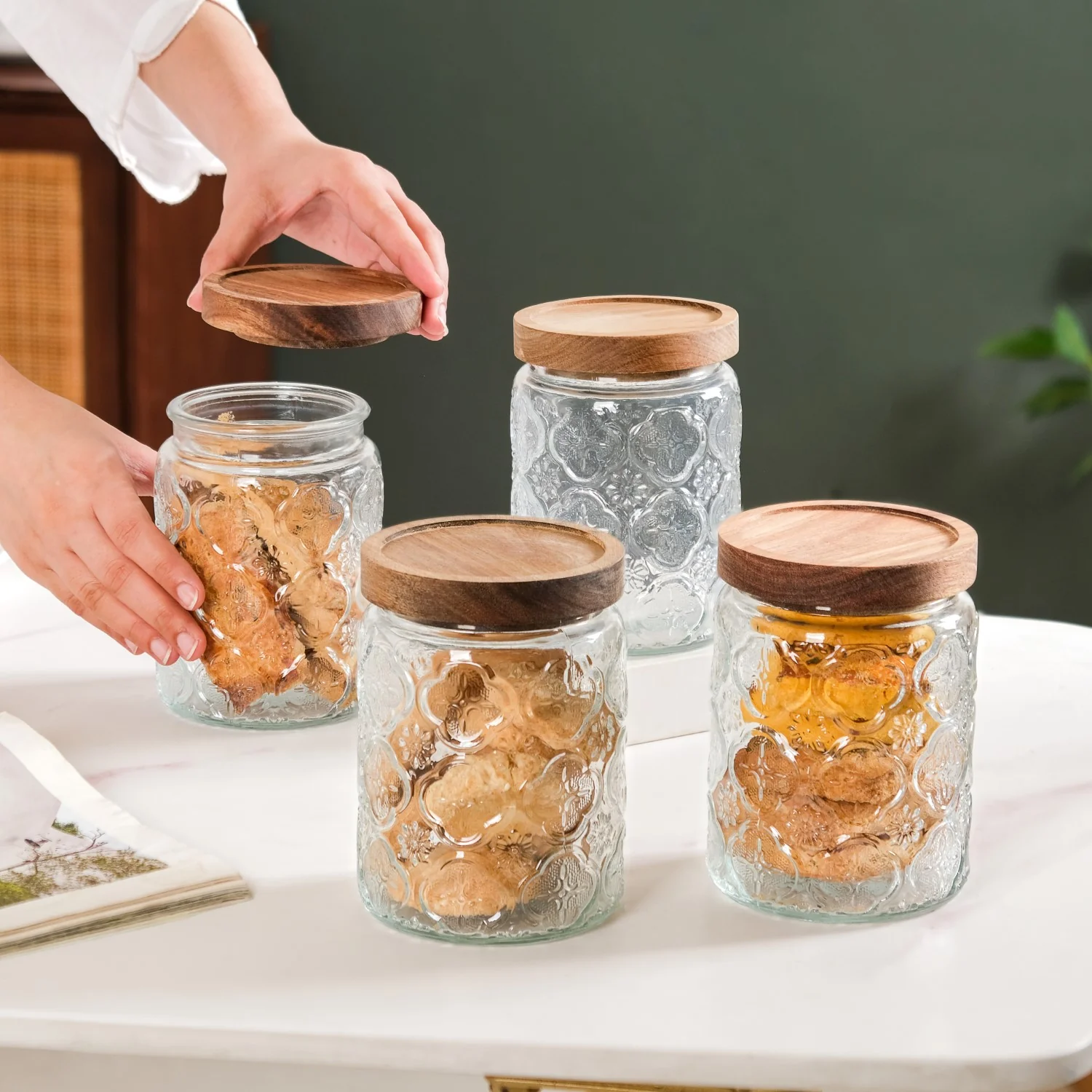 Vintage Patterned Glass Jar With Lid Set Of 4 700ml - Image 2