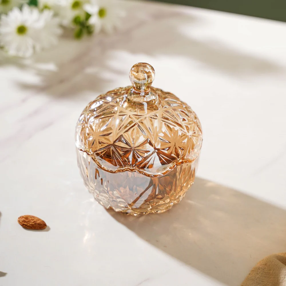 Vintage Round Crystal Glass Amber Jar Small 200 ml - Image 3