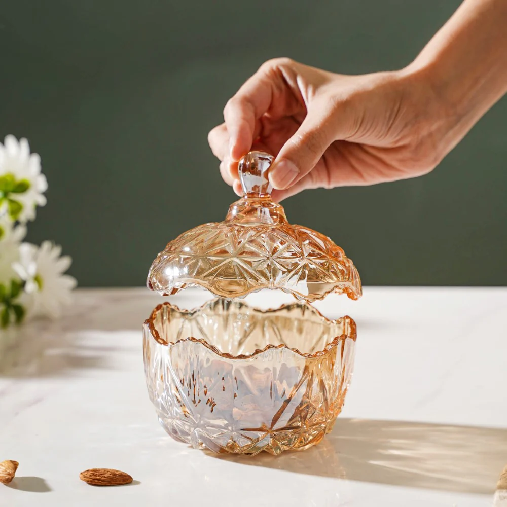 Vintage Round Crystal Glass Amber Jar Small 200 ml - Image 4