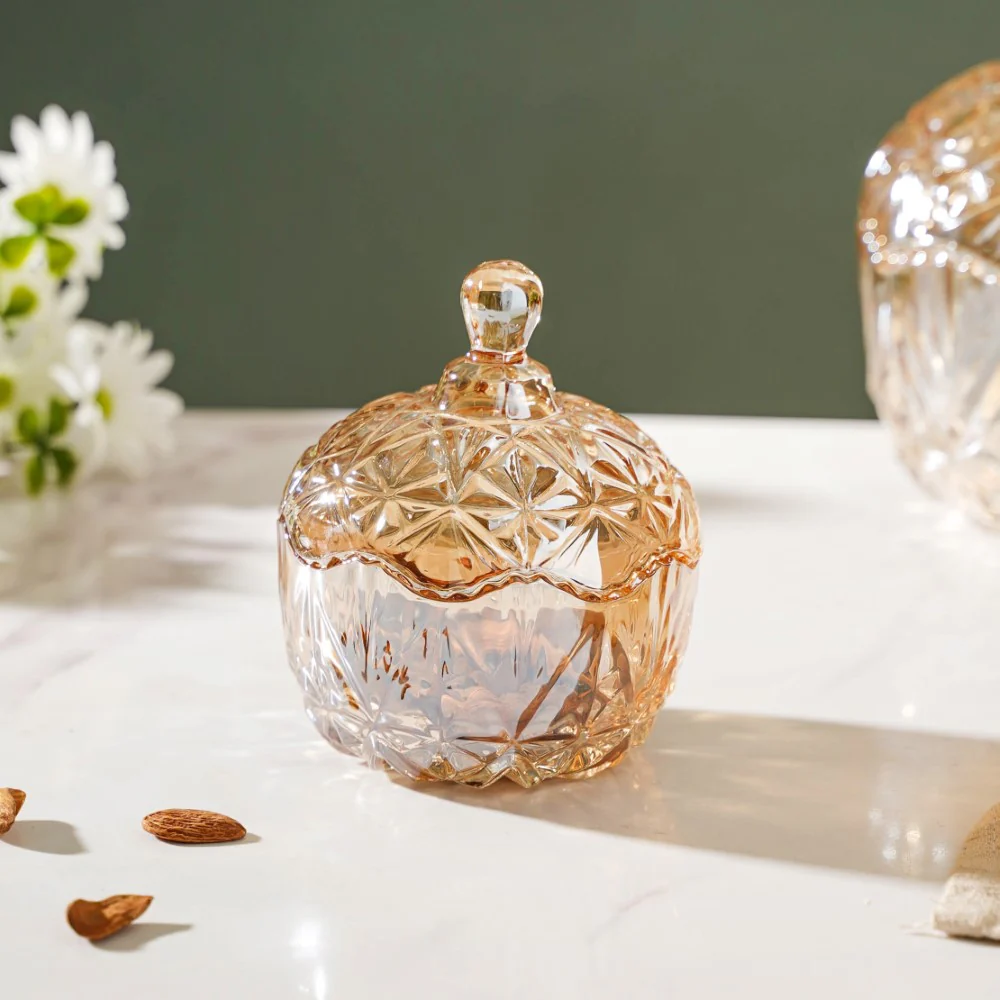 Vintage Round Crystal Glass Amber Jar Small 200 ml - Image 5