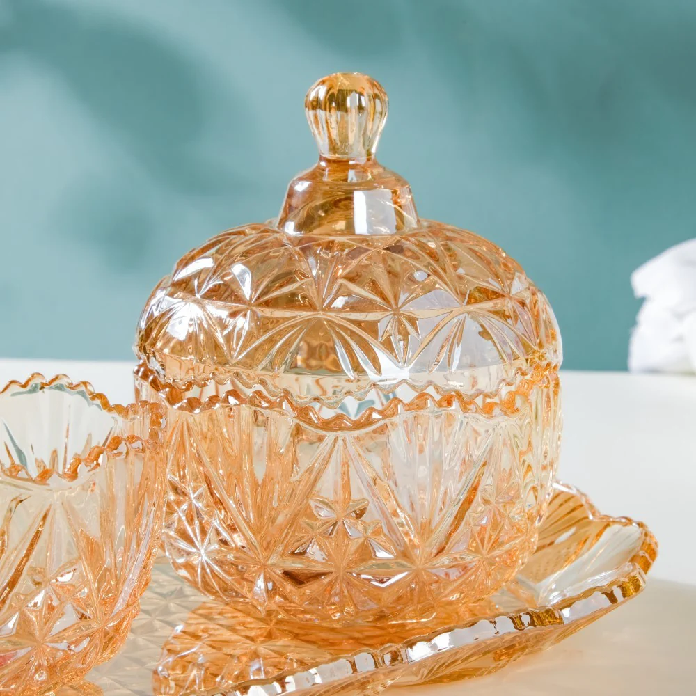 Vintage Round Textured Glass Jar With Lid Amber Set Of 3 200ml - Image 13