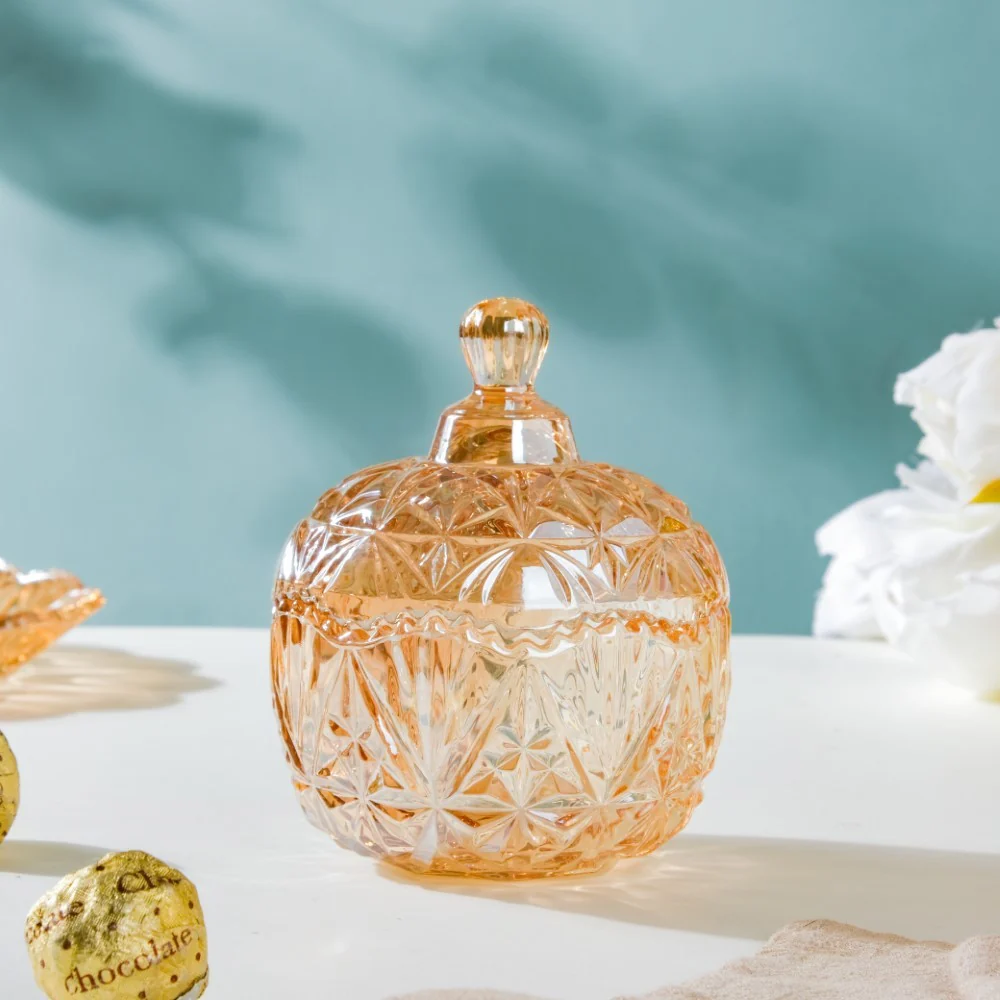 Vintage Round Textured Glass Jar With Lid Amber Set Of 3 200ml - Image 3