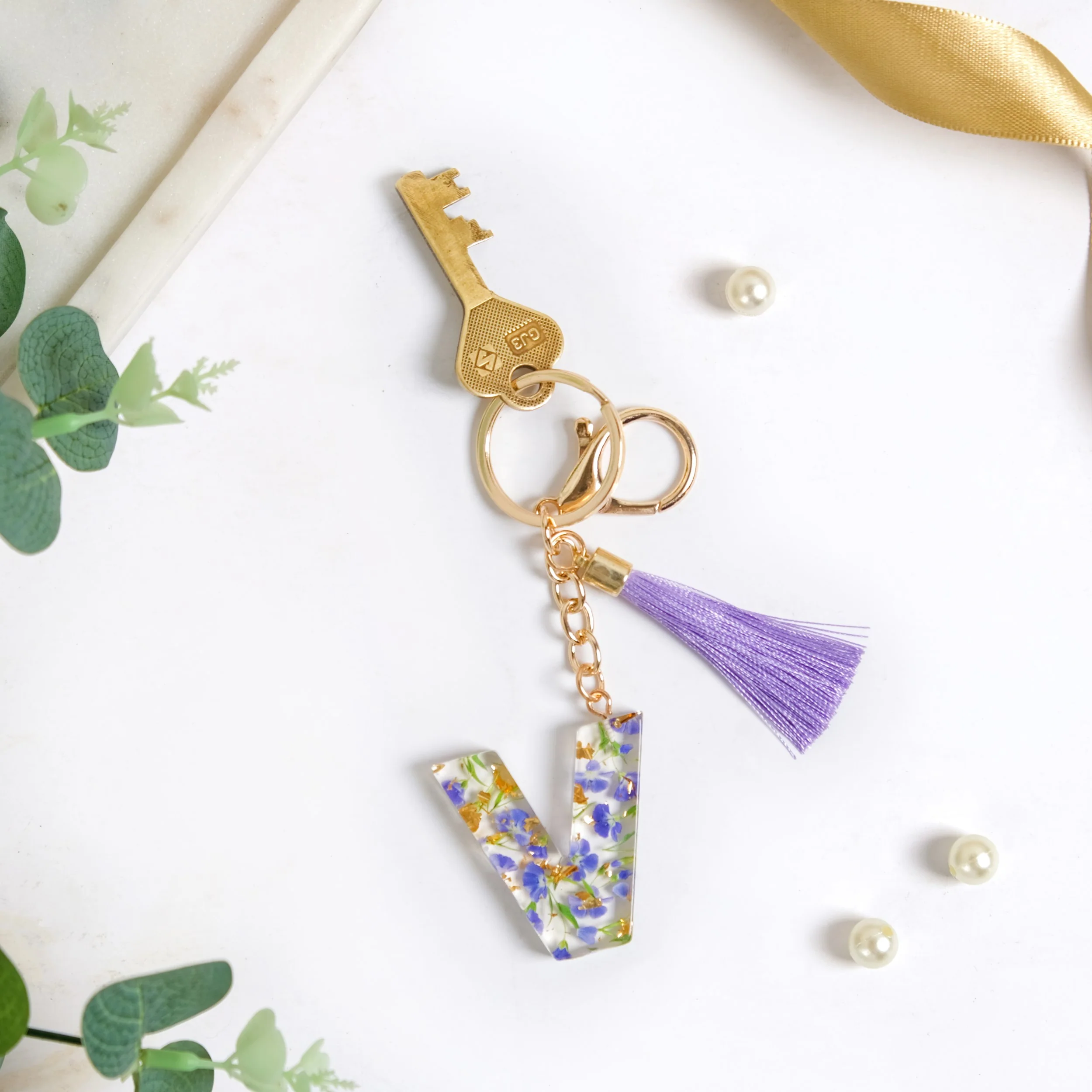 Violet Whimsy Pressed Flower V Keychain - Image 8