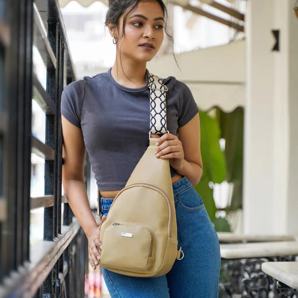 Voyager One Shoulder Sling Backpack Beige - Image 6