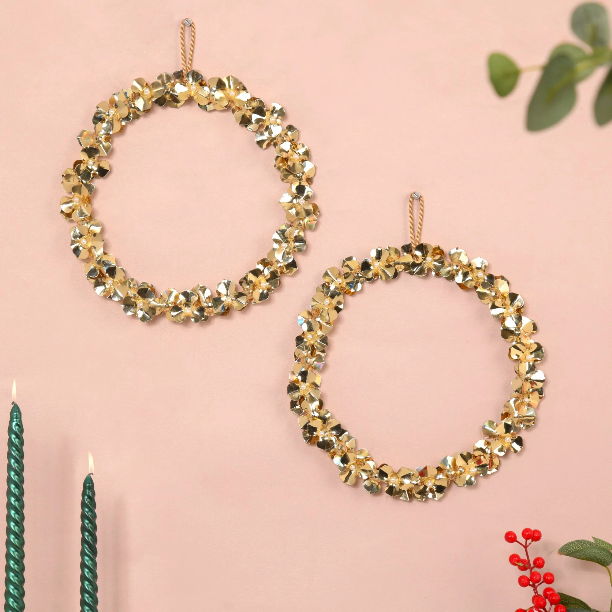 Wall Hanging Gold Flower Wreath Set Of 2 8 Inch