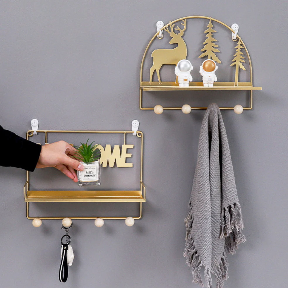Wall Hanging Metal Shelf Forest Reindeer Gold - Image 2