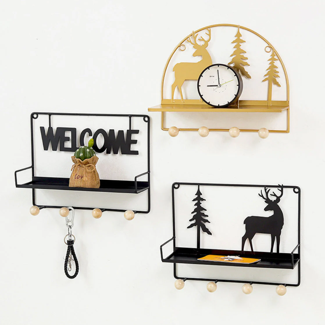Wall Hanging Metal Shelf Forest Reindeer Gold - Image 3