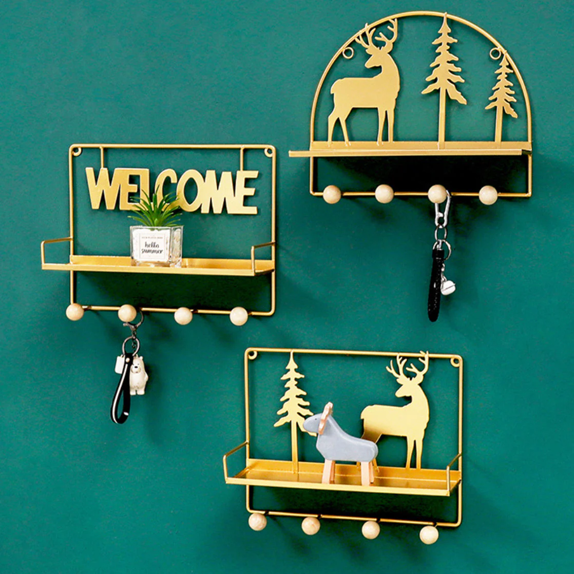 Wall Hanging Metal Shelf Forest Reindeer Gold - Image 4