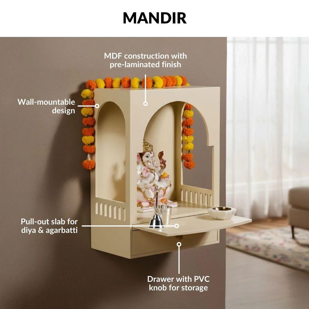 Wall Mount Mandir Medium With Bell Curtain Aasan Ghanti Diya And Puja Thali - Image 8