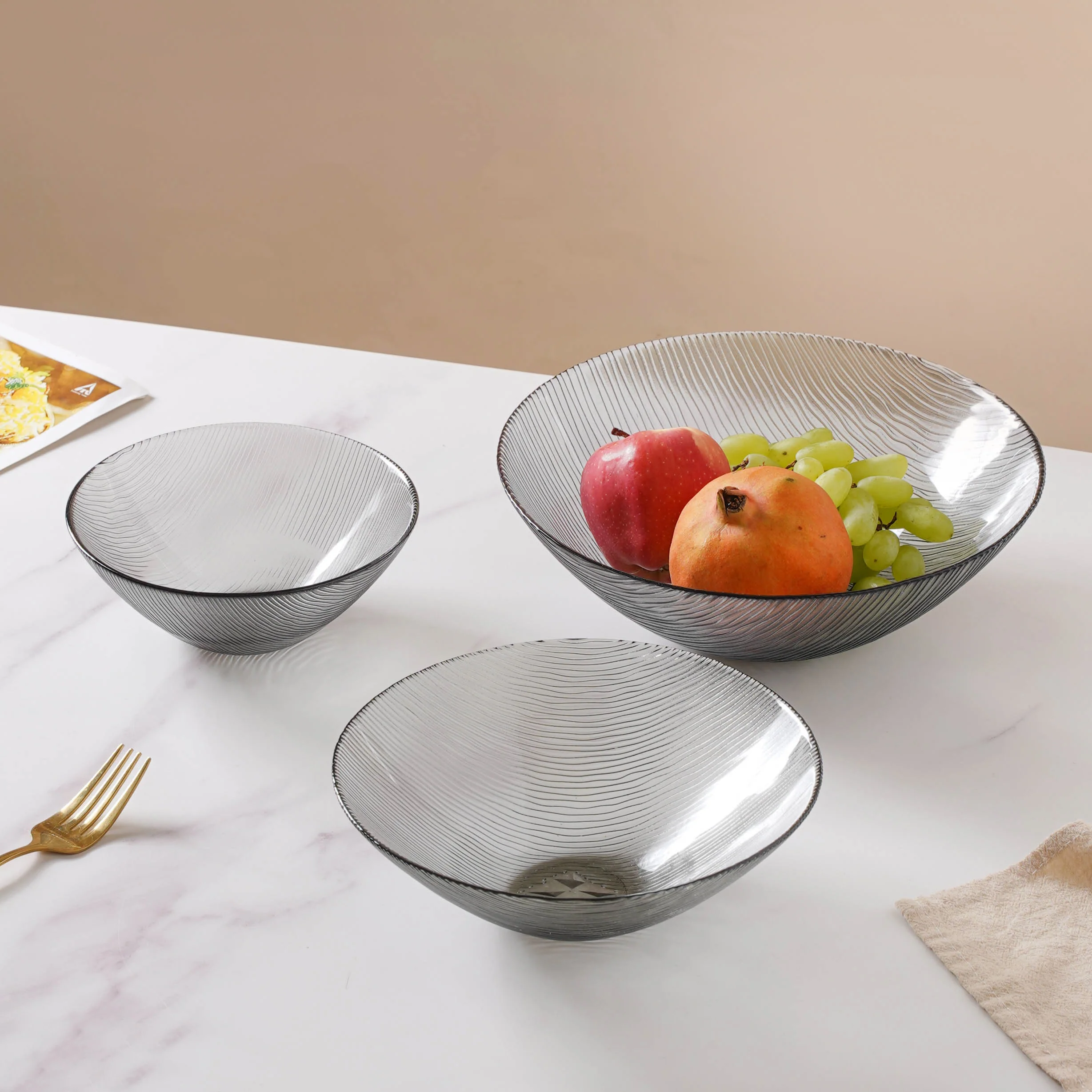 Waves Glass Bowl Set of 3 Grey