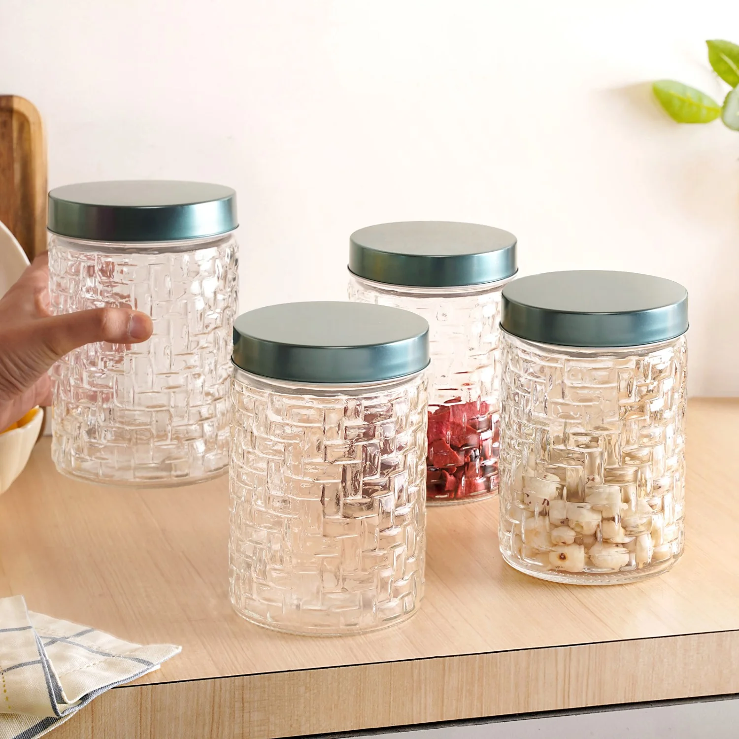 Weave Design Embossed Jar With Lid Set Of 4 1200ml - Image 3