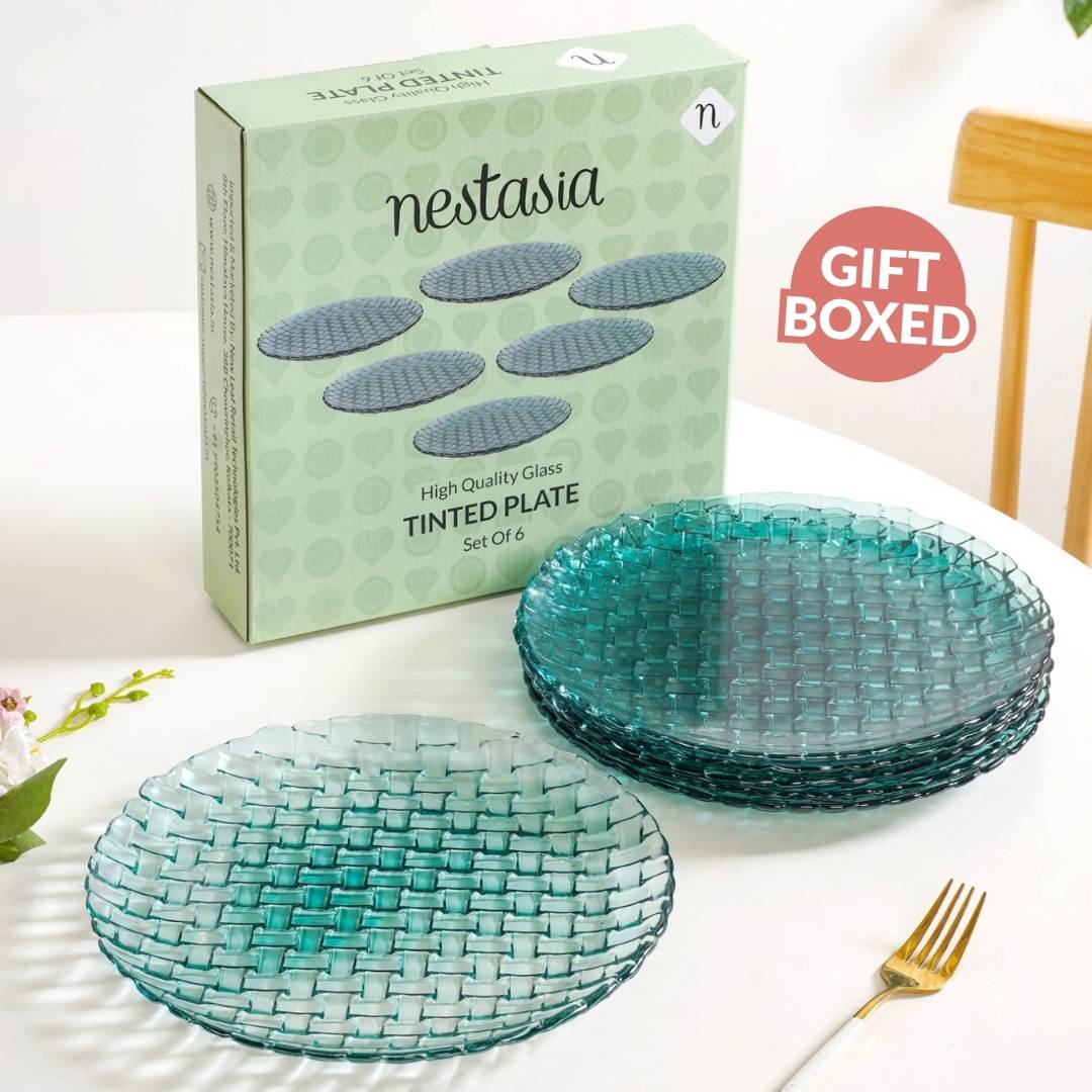 Weave Design Glass Dinner Plate Set Of 6 Teal 25cm - Image 7