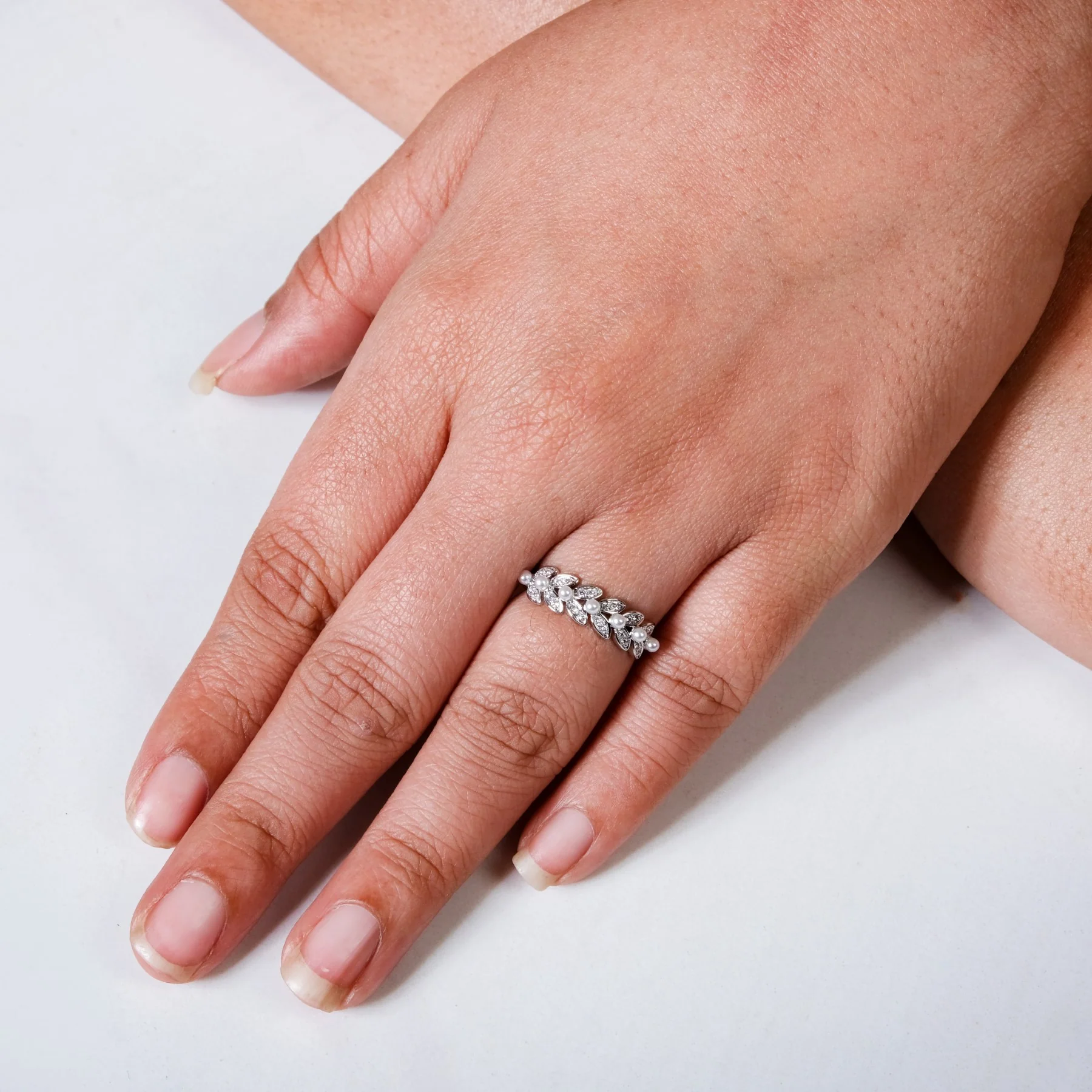 Whispering Olive Branch Pearl Silver Ring - Image 2