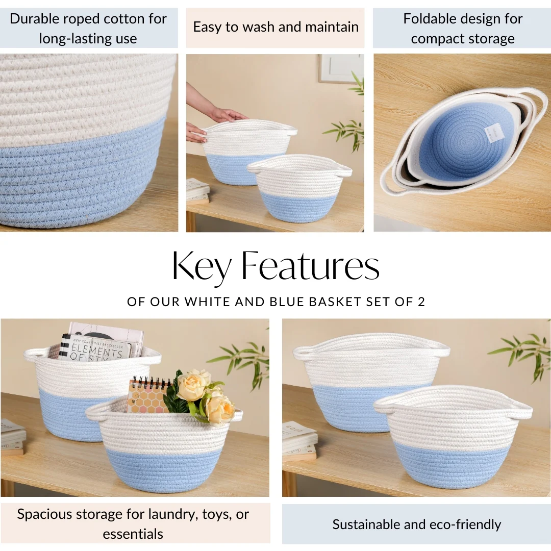 White And Blue Rope Basket Set Of 2 20cm And 18cm - Image 5