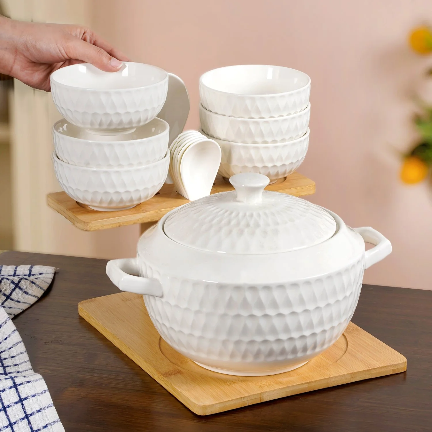 White Ceramic Pot And Bowl Set With Spoons And Wooden Stand - Image 2