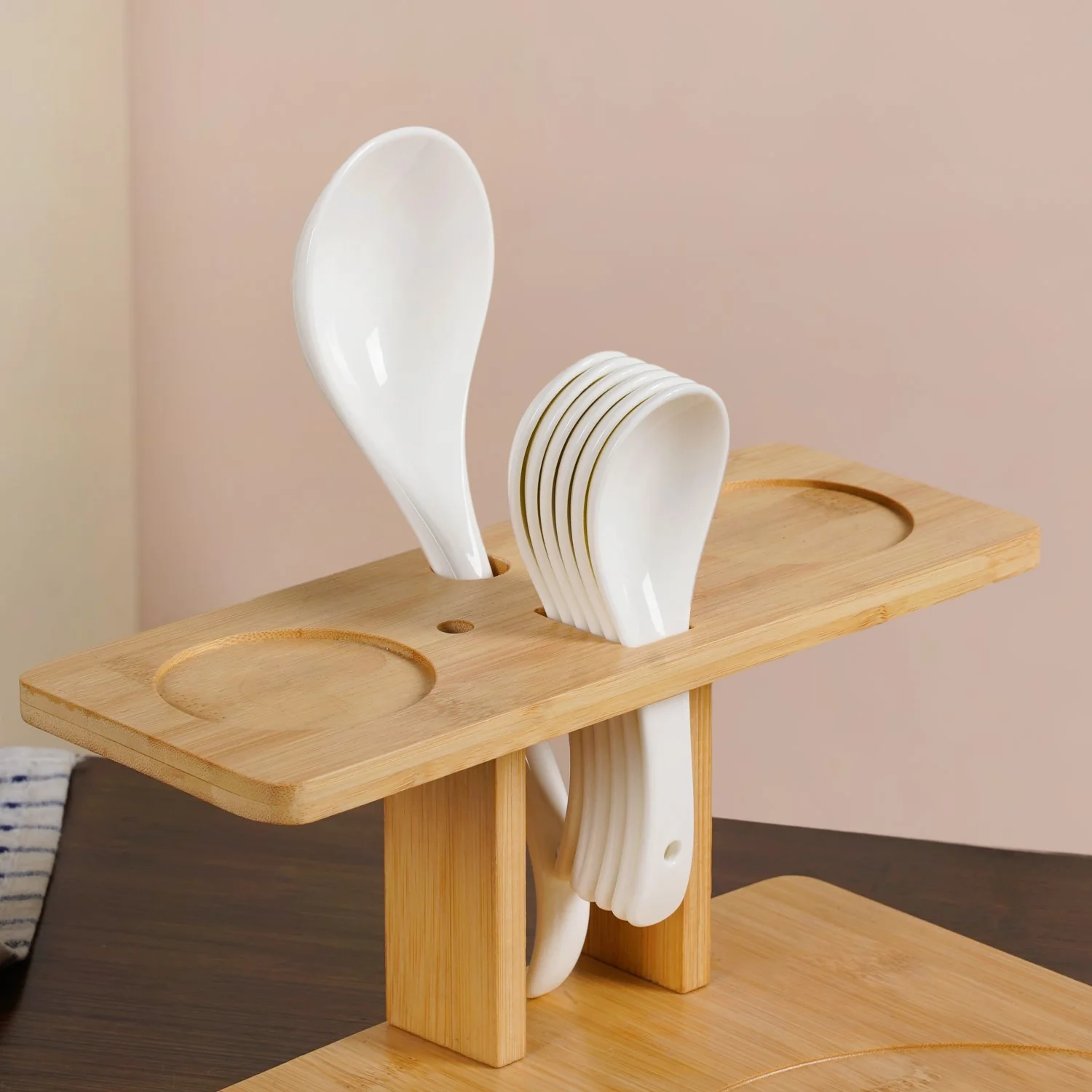 White Ceramic Pot And Bowl Set With Spoons And Wooden Stand - Image 8