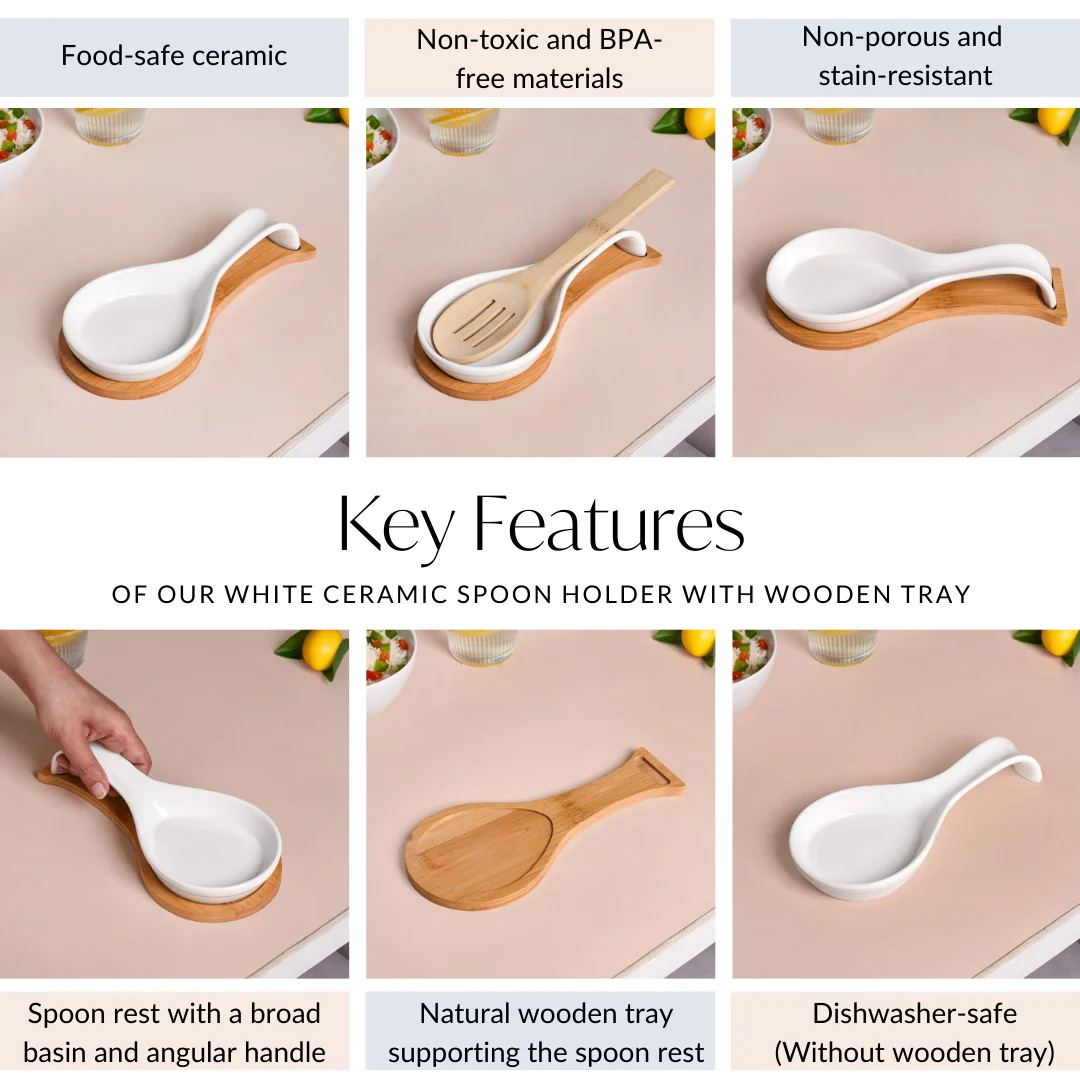 White Ceramic Spoon Holder With Wooden Tray - Image 5