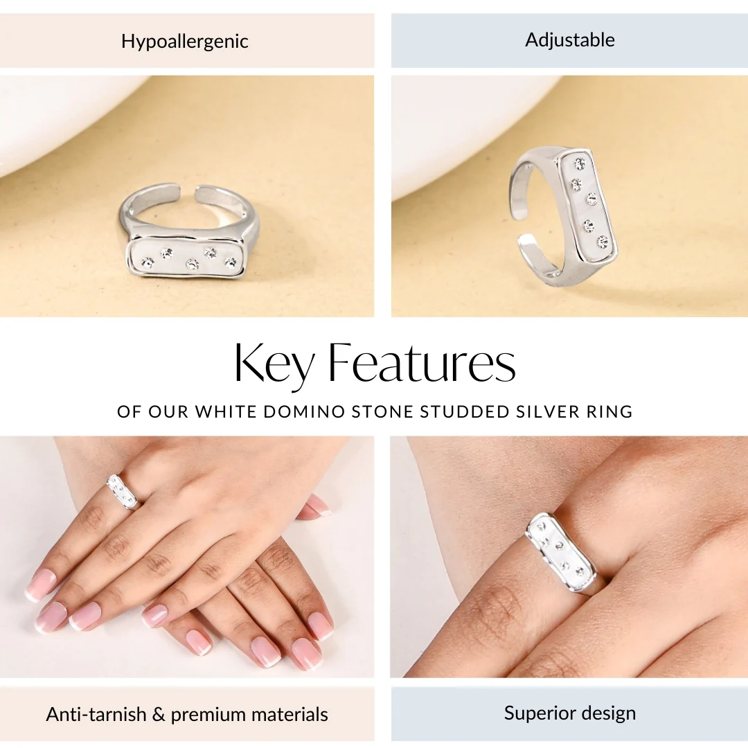 White Domino Stone Studded Silver Ring - Image 4