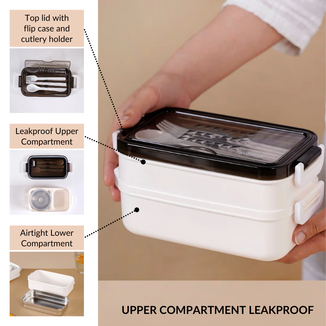 White Double Decker Bento Tiffin Box 1050ml - Image 6
