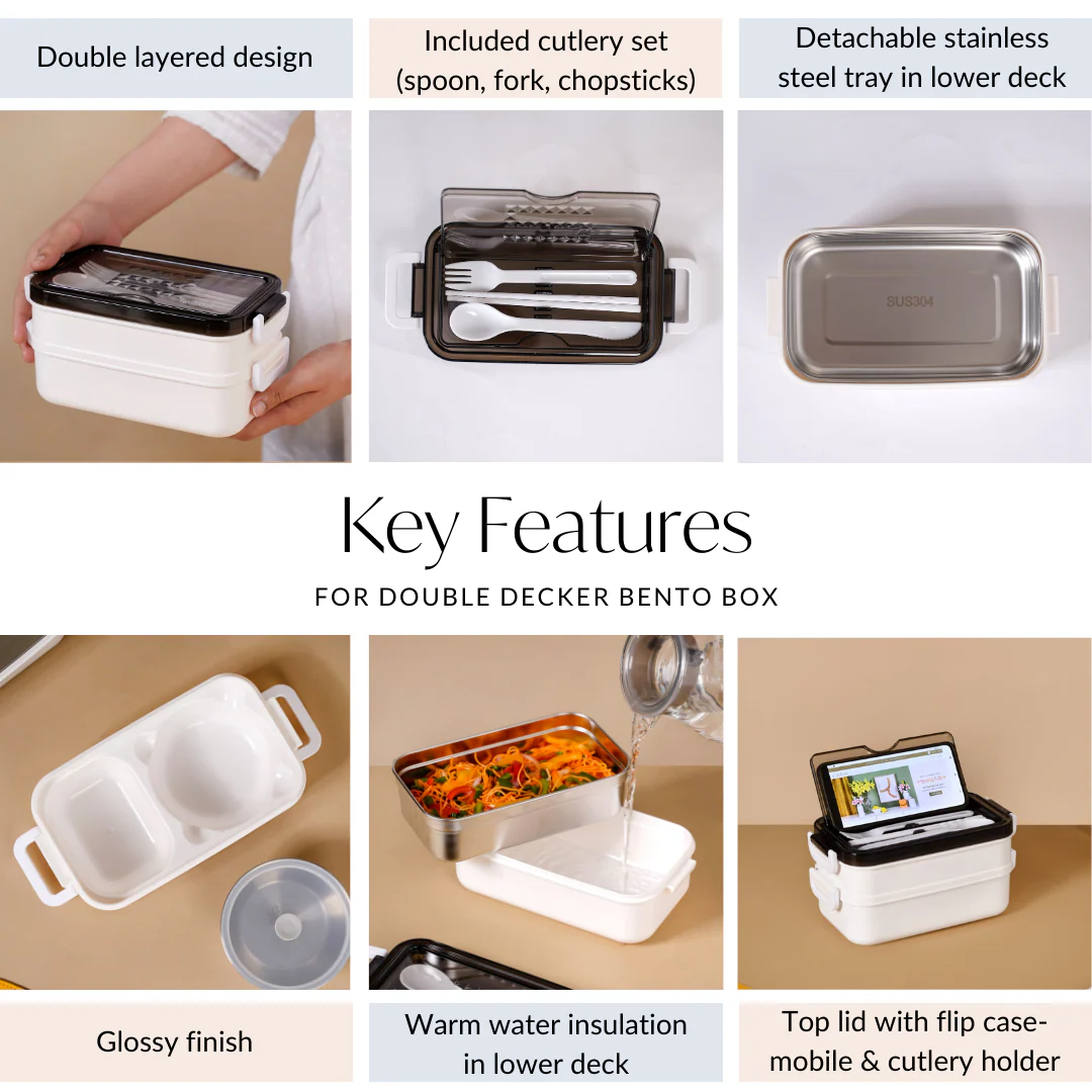 White Double Decker Bento Tiffin Box 1050ml - Image 7
