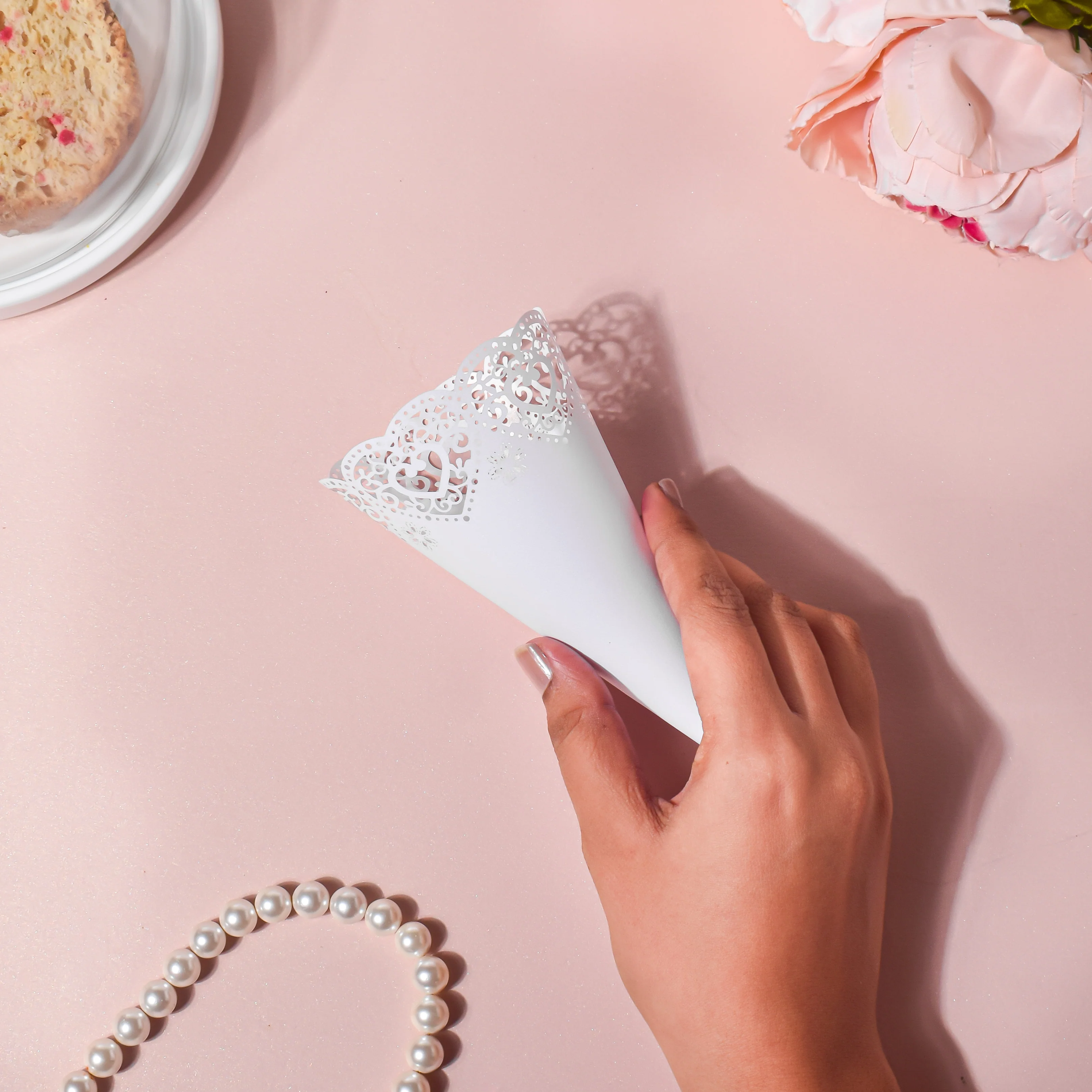 White Heart Lace Paper Cone Doily Set of 20 - Image 2