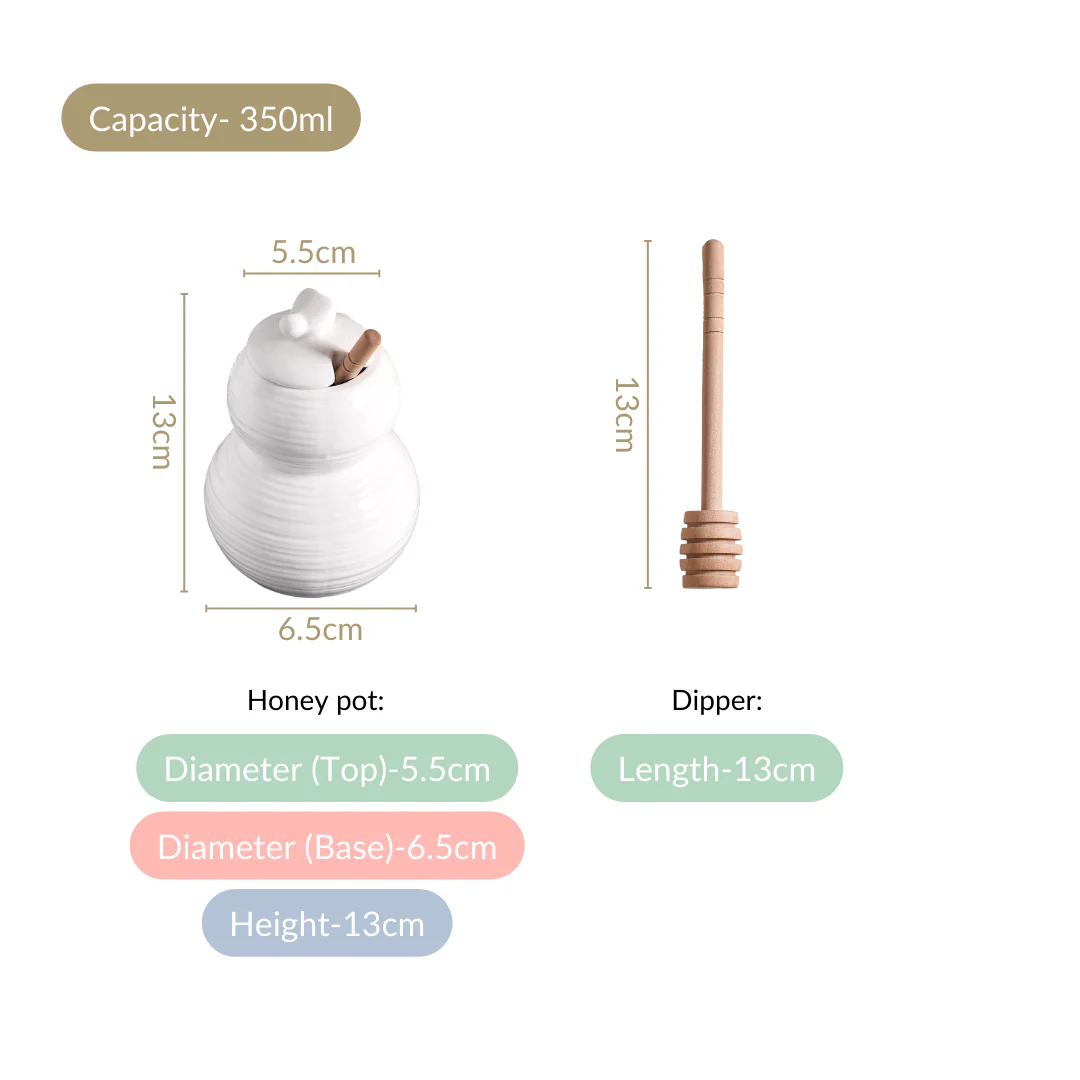 White Honey Pot With Wooden Dipper 350ml - Image 4