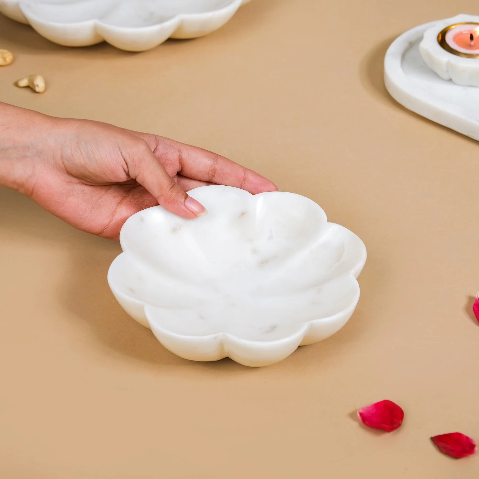 White Marble Stone Flower Platter Small 6 Inch - Image 3