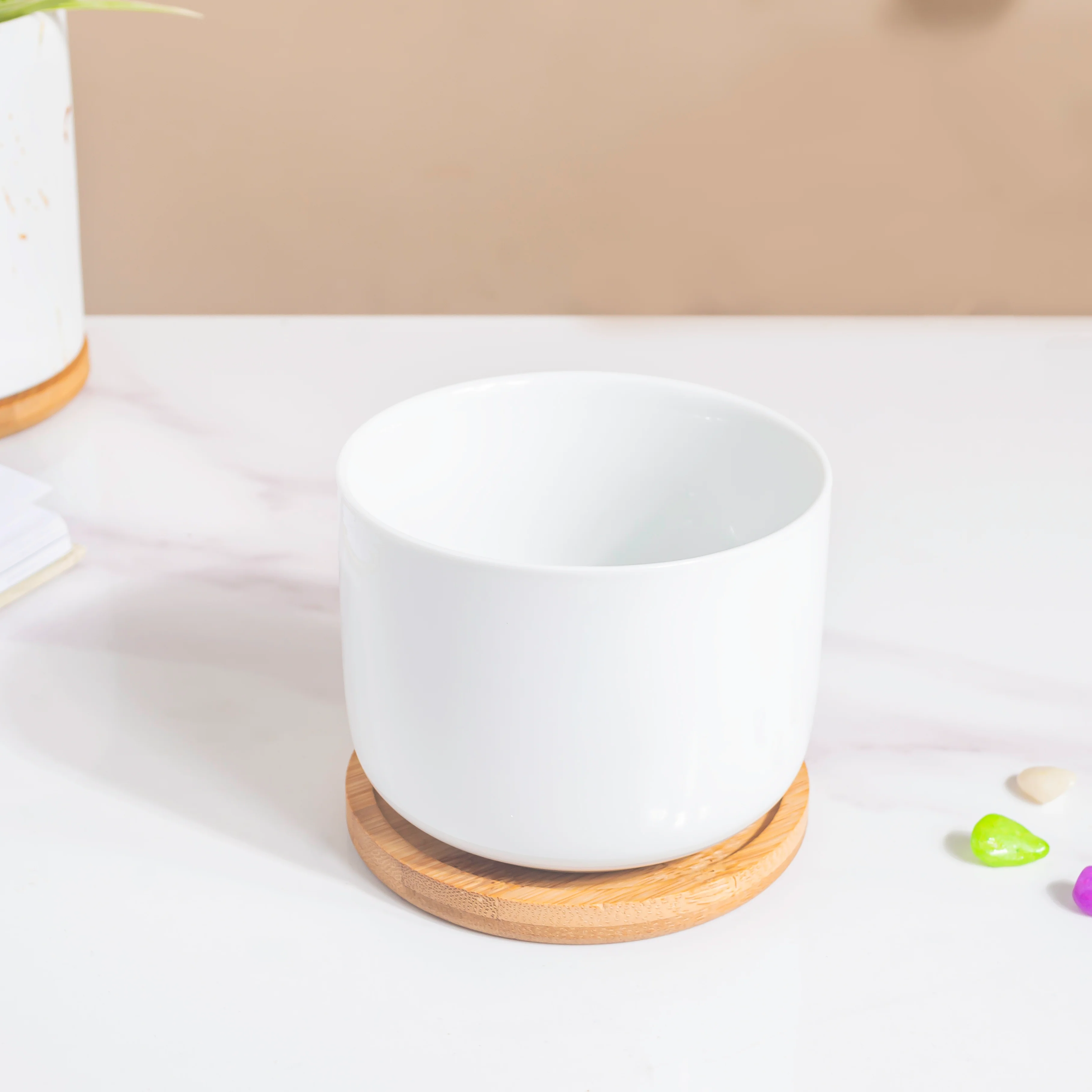 White Mosaic Ceramic Planter And Wooden Coaster - Image 7