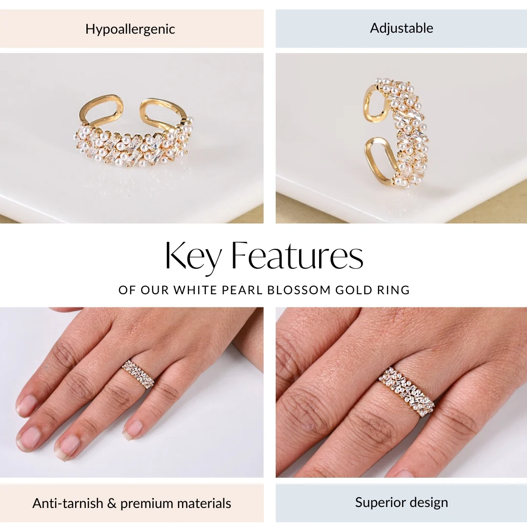 White Pearl Blossom Gold Ring - Image 4