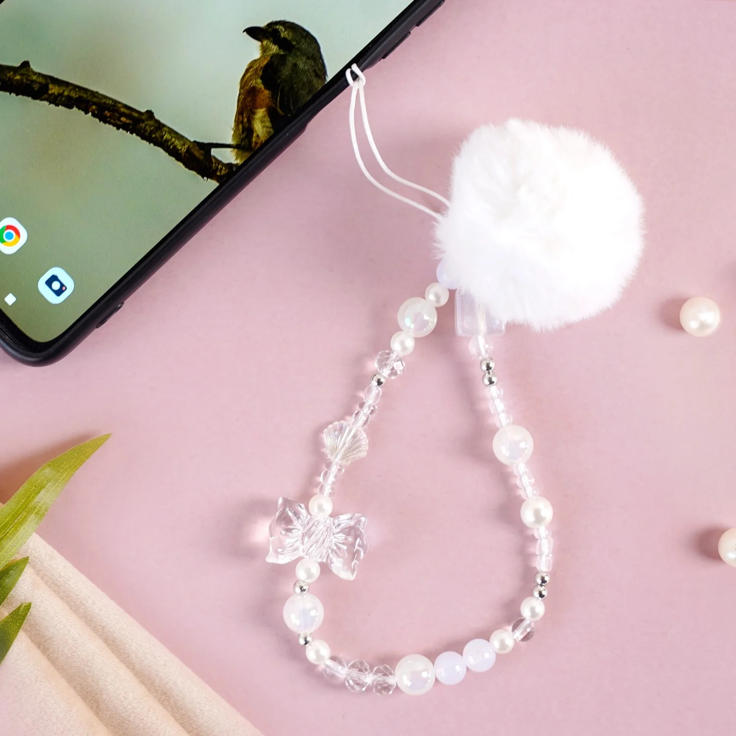 White Pom Pom Phone Charm Lanyard - Image 3