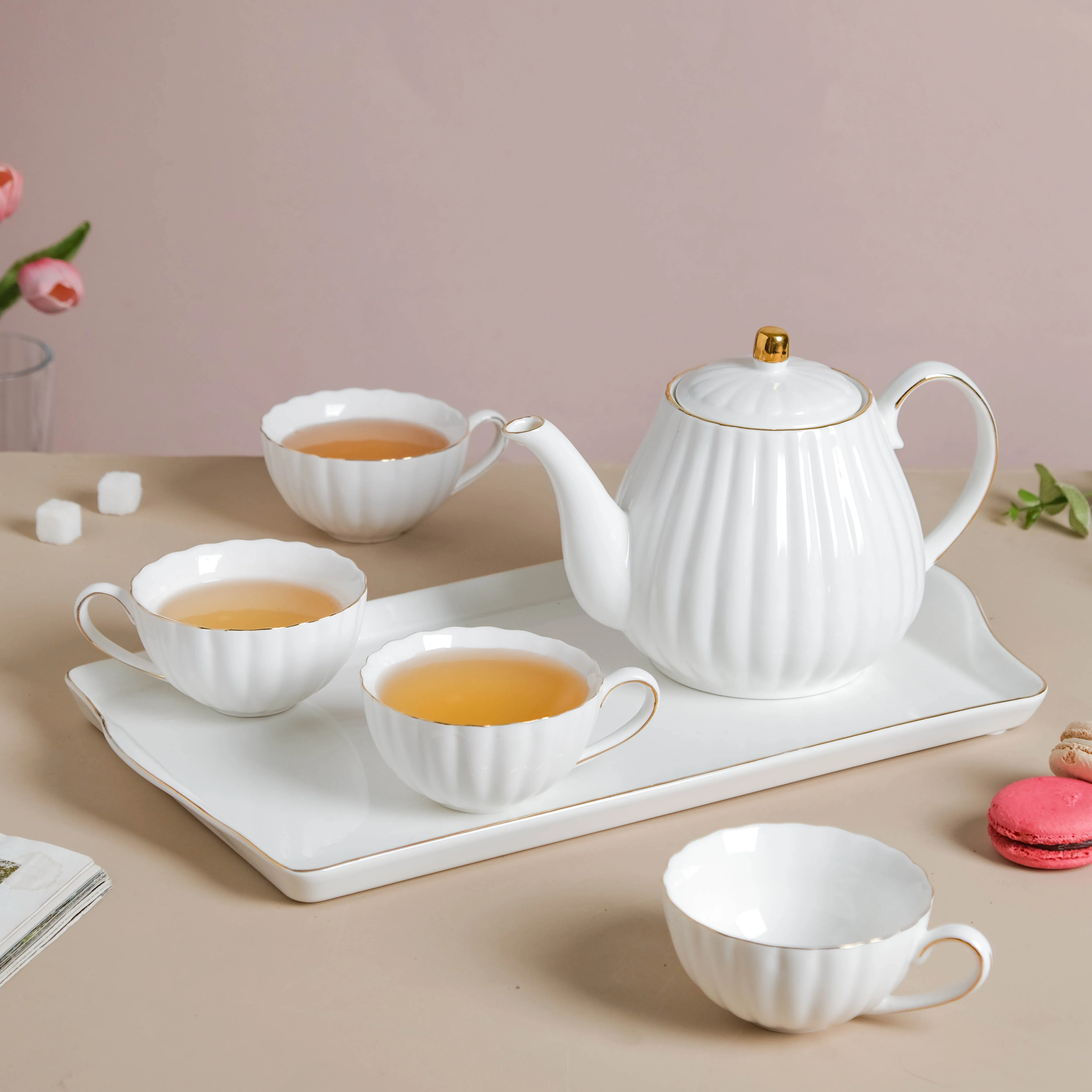 White Truffle Ribbed 1 Litre Teapot With Set of 4 Cups 150 ml - Image 4