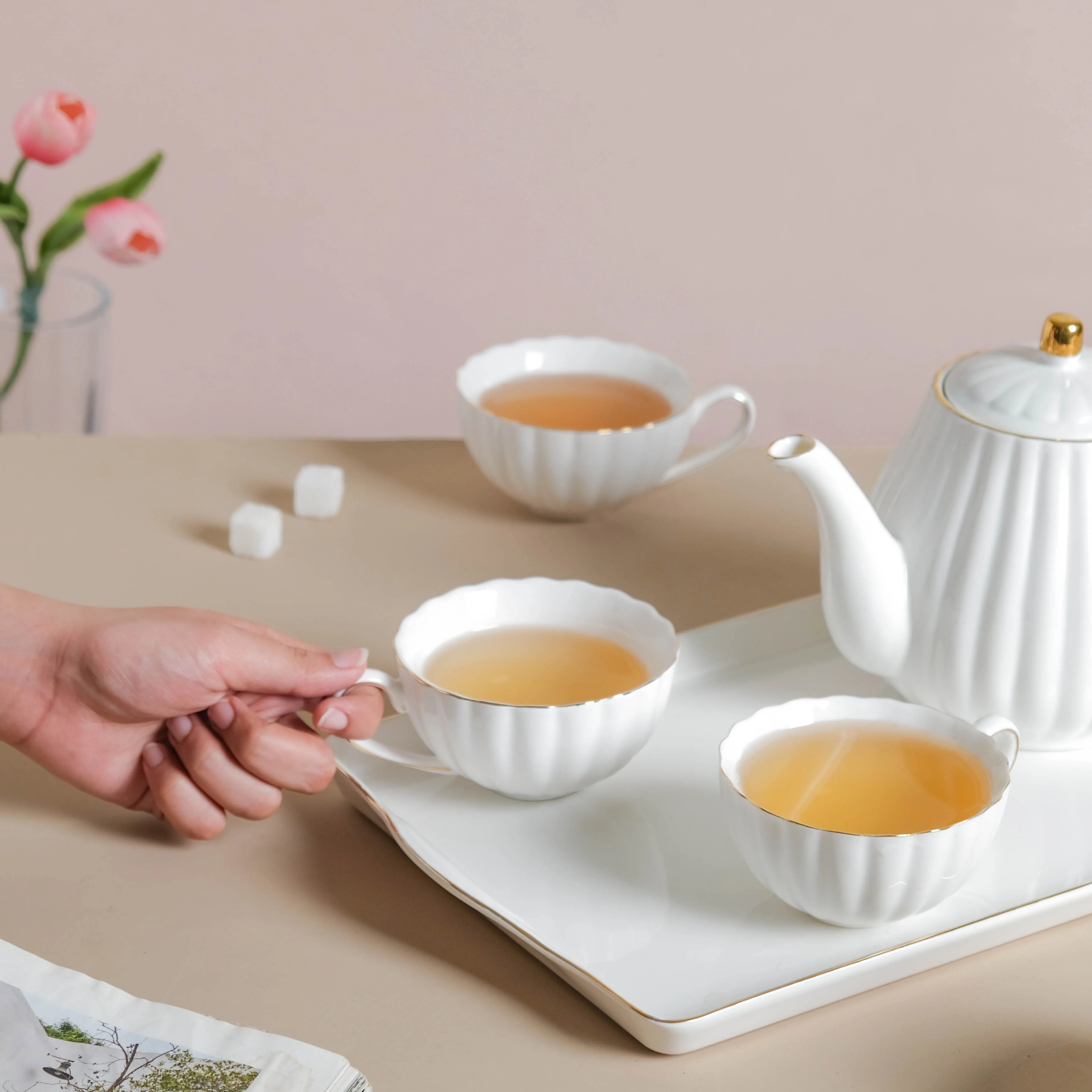 White Truffle Ribbed 1 Litre Teapot With Set of 4 Cups 150 ml - Image 8