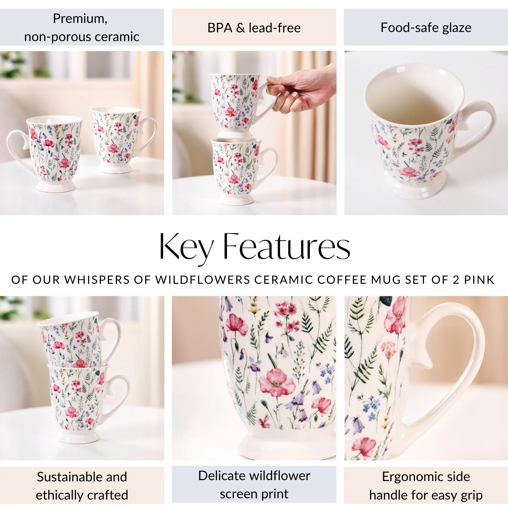 Wildflower Whispers Ceramic Coffee Mug Set Of 2 Pink 400ml - Image 5