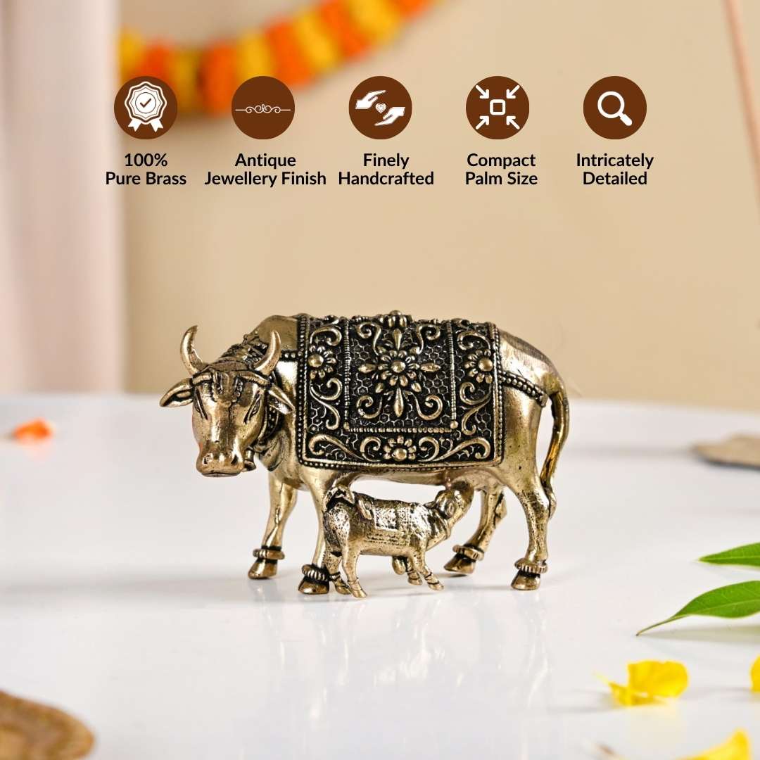 Wish Fulfilling Kamdhenu Cow Calf Idol Pure Brass 4cm In Gift Box - Image 2