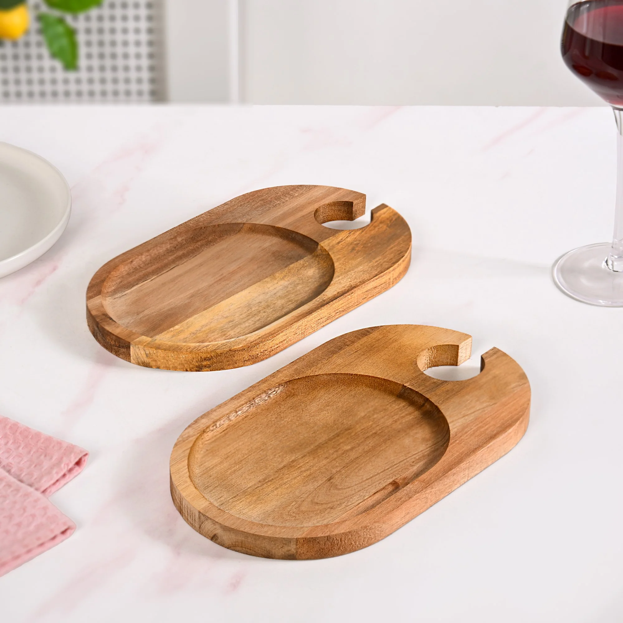 Wooden Appetiser Platter With Wine Glass Holder Set Of 2 9inch - Image 6