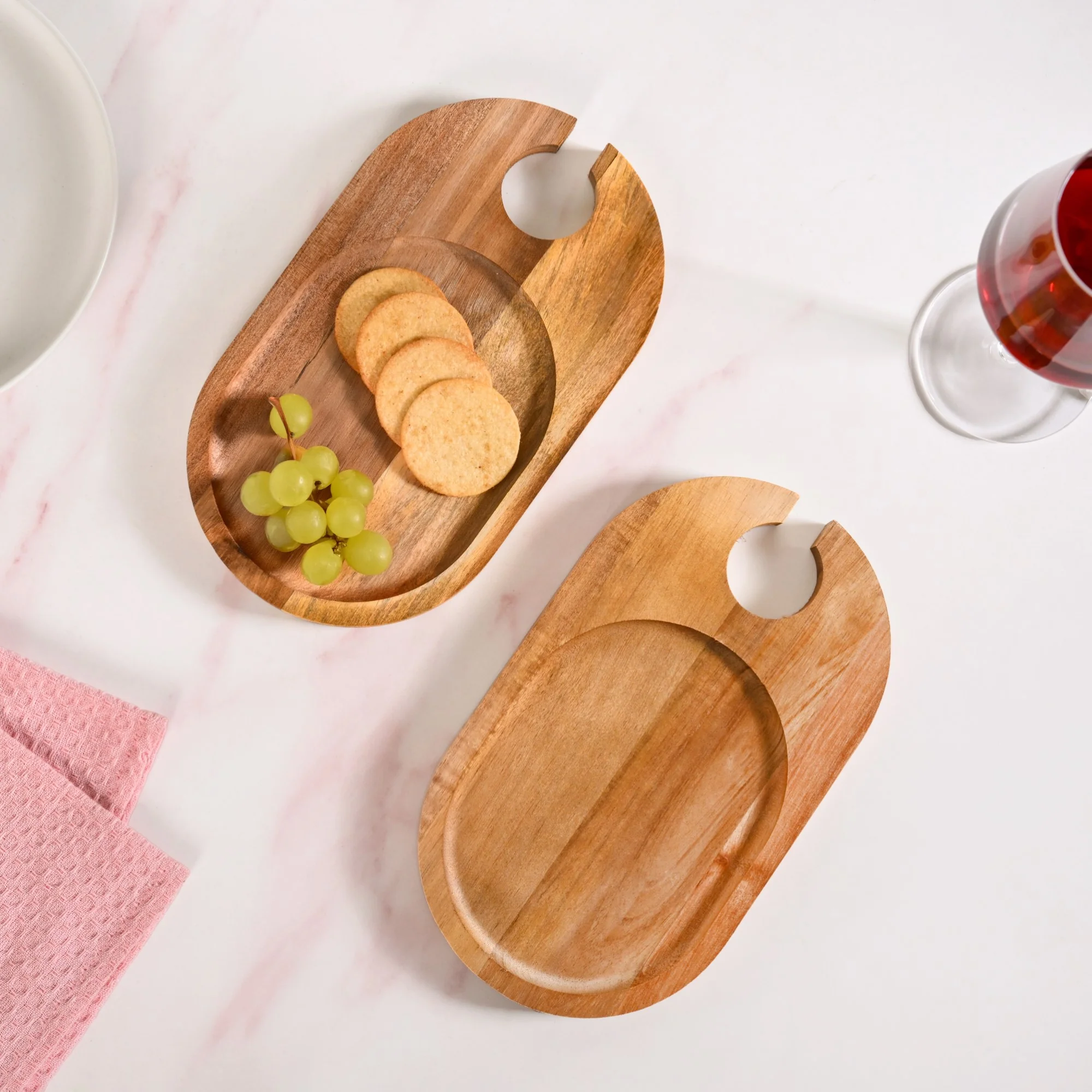Wooden Appetiser Platter With Wine Glass Holder Set Of 2 9inch - Image 8