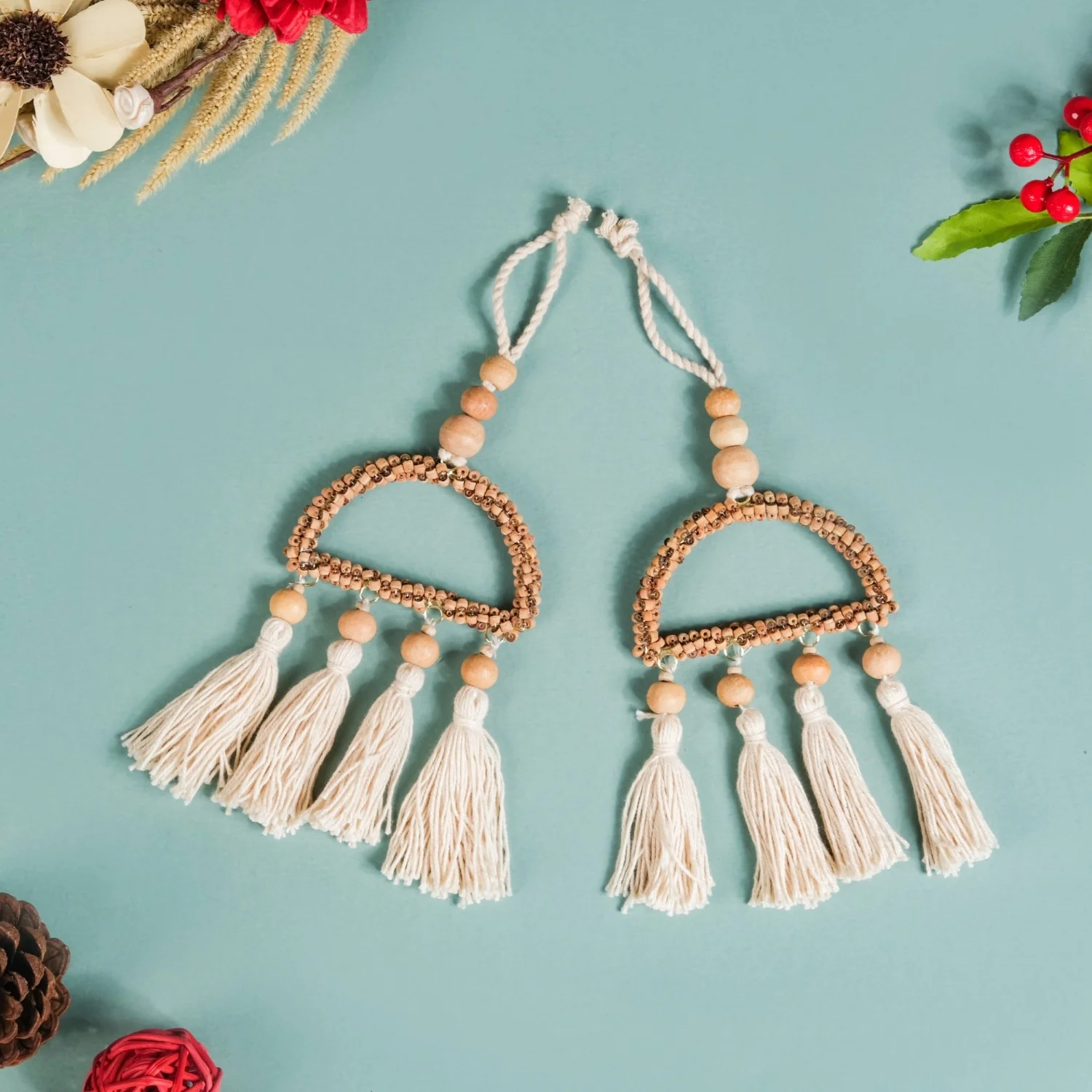 Wooden Beads Sustainable Hanging Ornament Set of 2 - Image 3