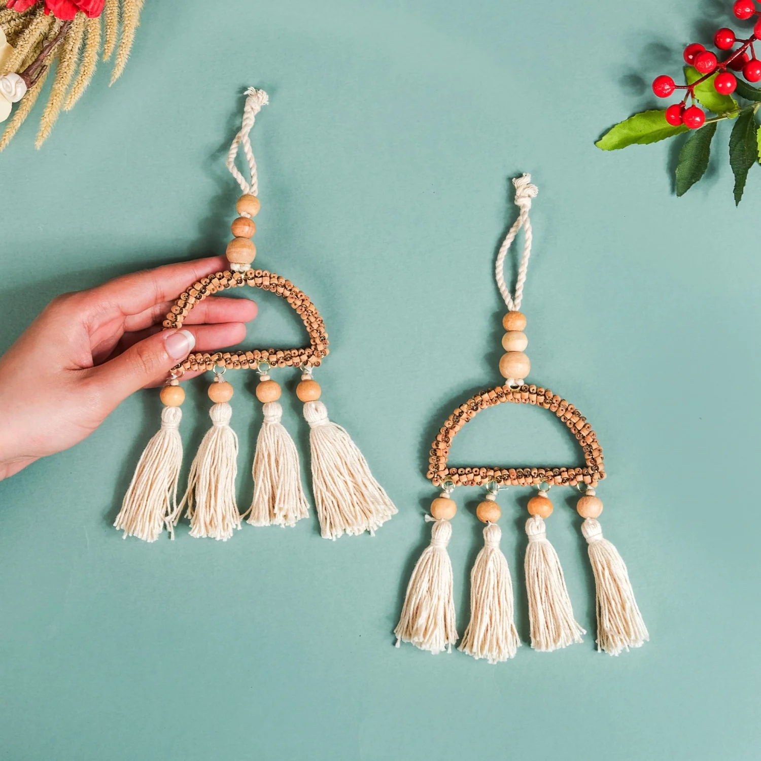 Wooden Beads Sustainable Hanging Ornament Set of 2 - Image 4