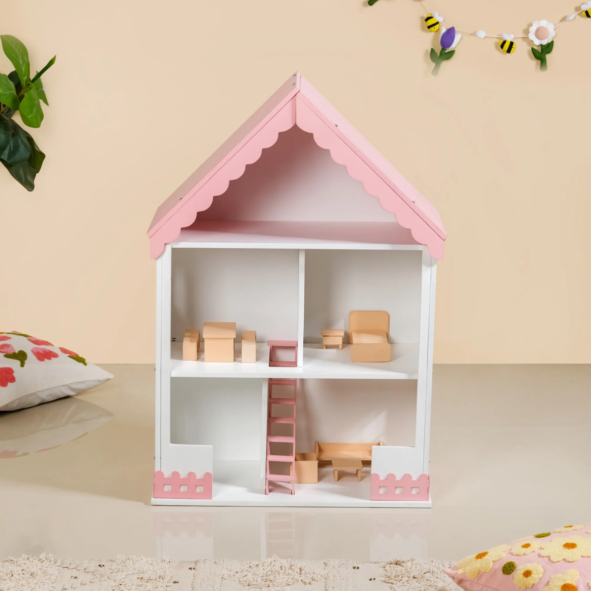 Wooden Dollhouse With Furniture Set Pink - Image 12