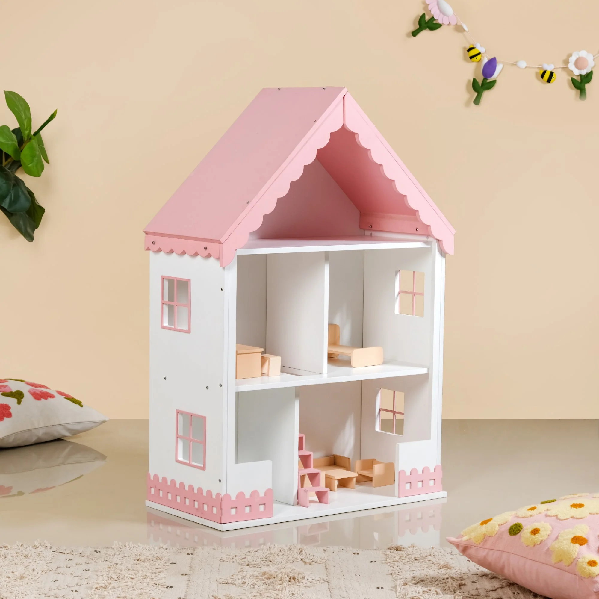 Wooden Dollhouse With Furniture Set Pink - Image 2