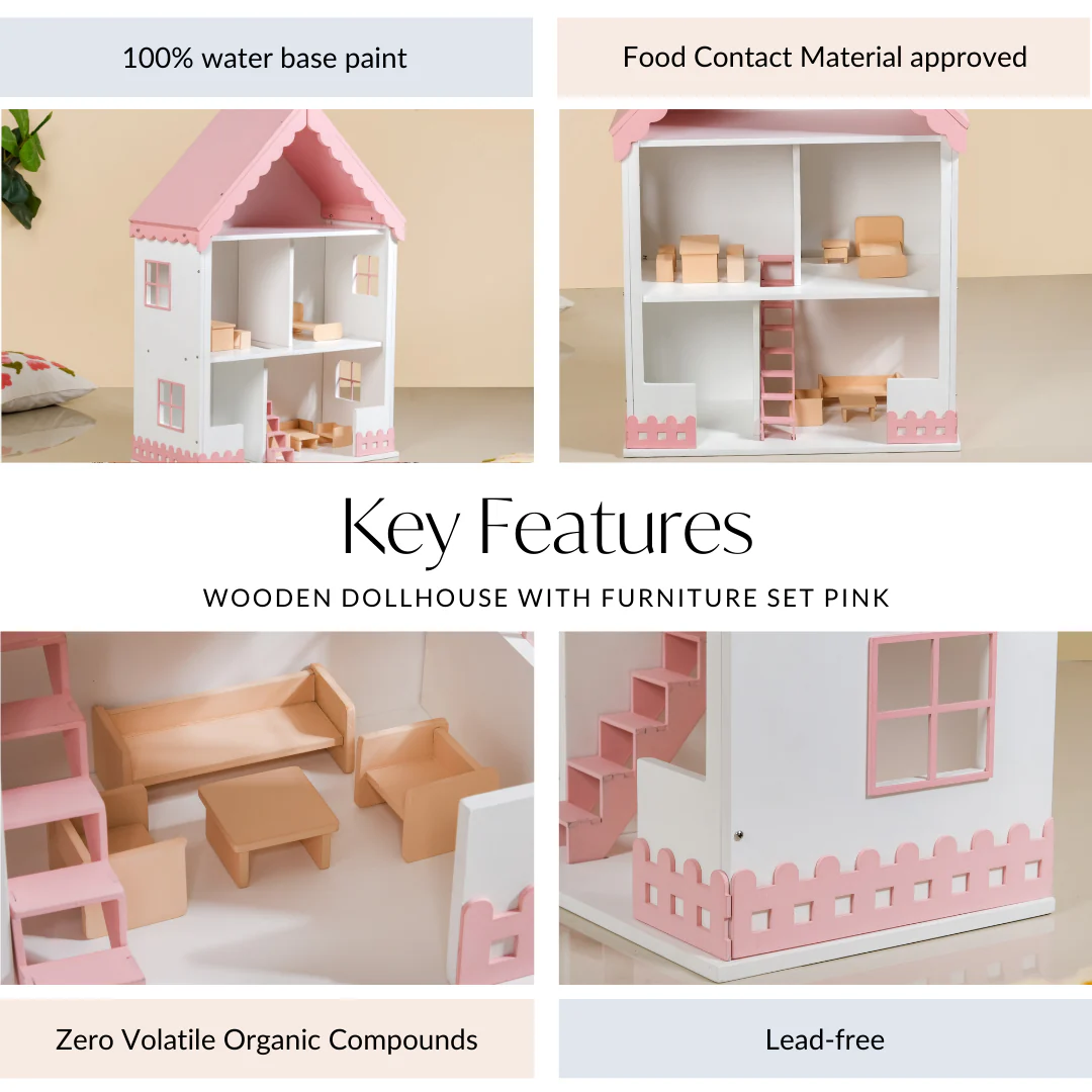 Wooden Dollhouse With Furniture Set Pink - Image 5