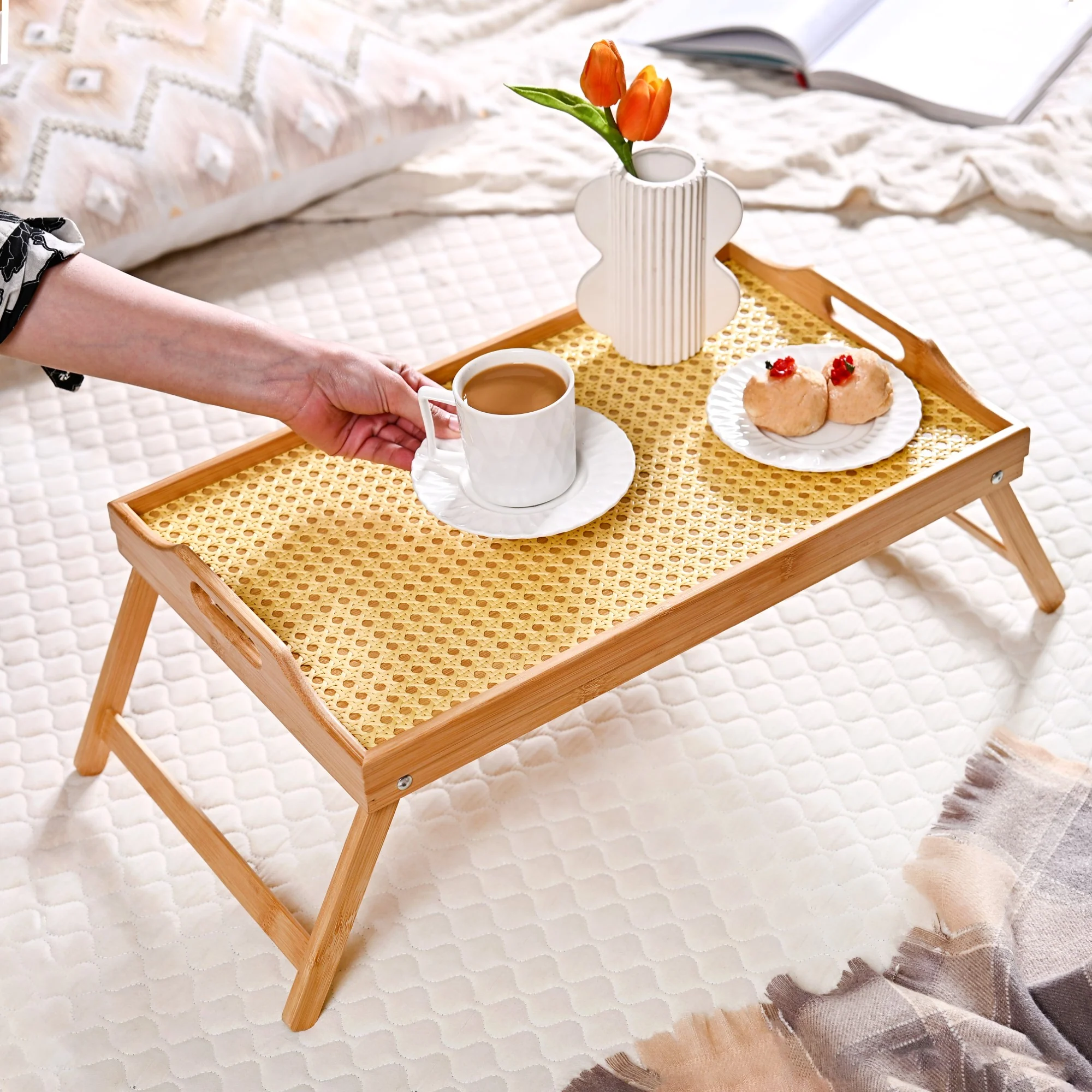 Wooden Folding Table With Rattan Weaving - Image 3