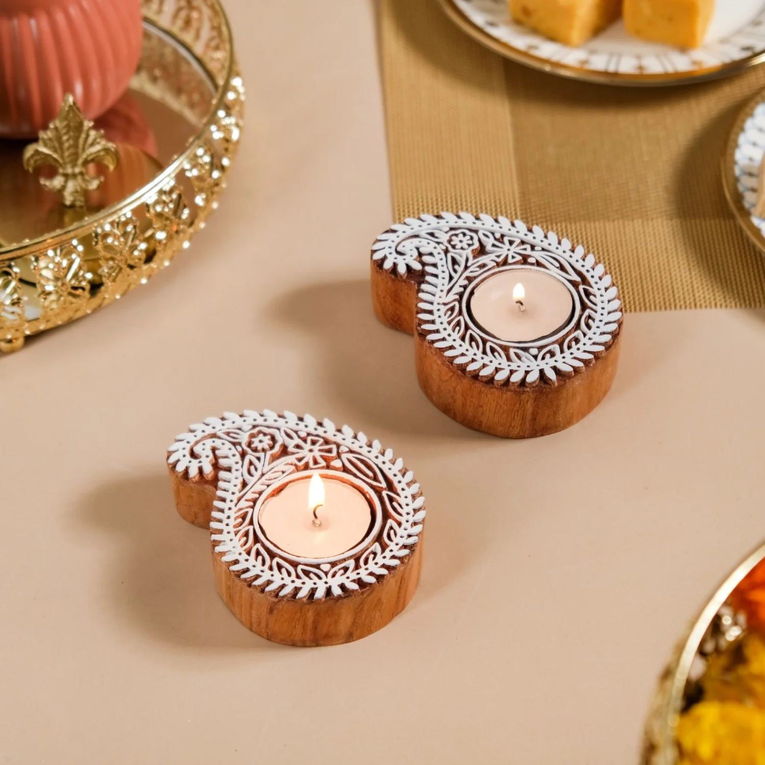 Wooden Paisley Block Candle Holder Set Of 2 - Image 8