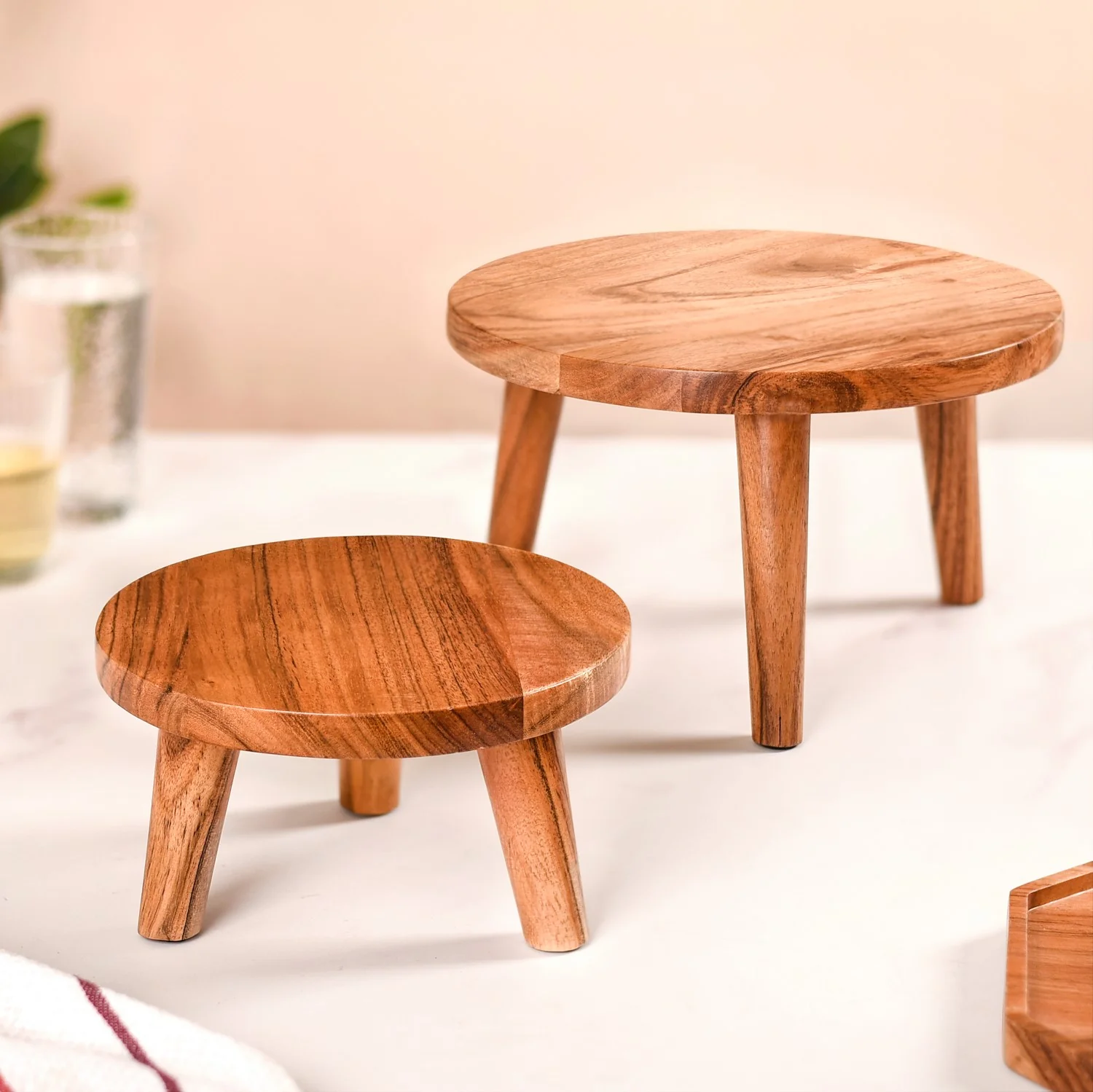 Wooden Stool Pedestal Serving Platter Set Of 2 - Image 10