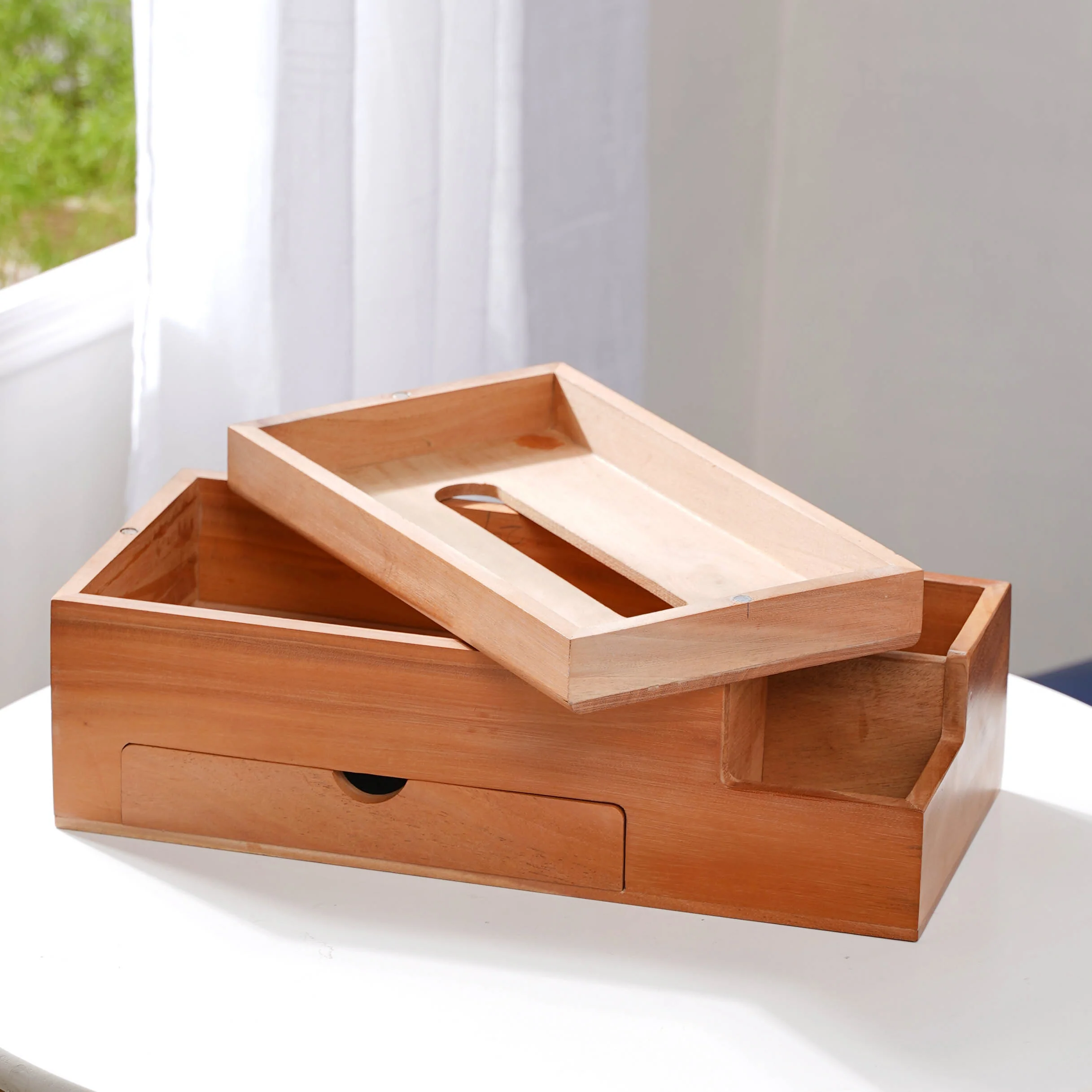 Wooden Tissue Box And 3 Shelf Desk Organiser - Image 7