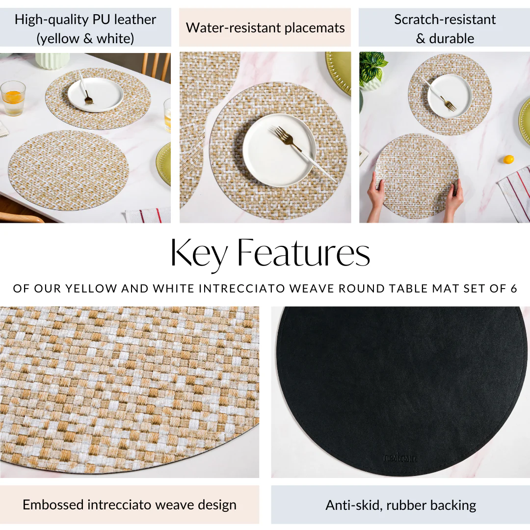Yellow And White Intrecciato Weave Round Table Mat Set Of 6 - Image 4